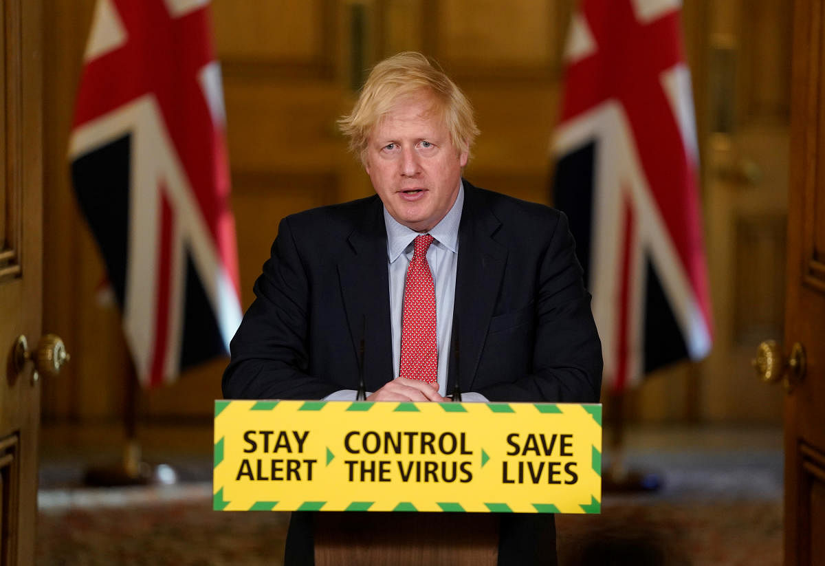 Britain's PM Boris Johnson holds a daily news conference on the coronavirus disease. Andrew Parsons/10 Downing Street/Handout via Reuters