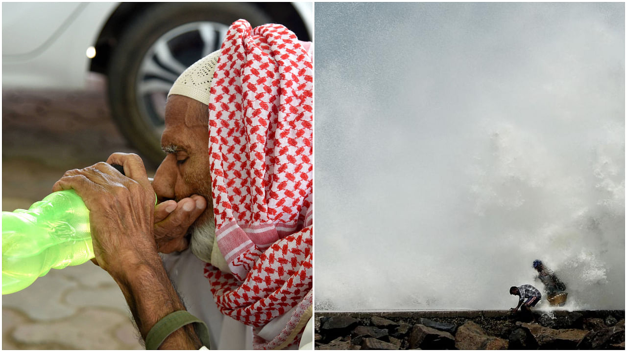 A man quenches his thirst on a hot summer day, in Bikaner (L) | Cyclone Amphan barrels towards India's eastern coast (R) (PTI Photo)