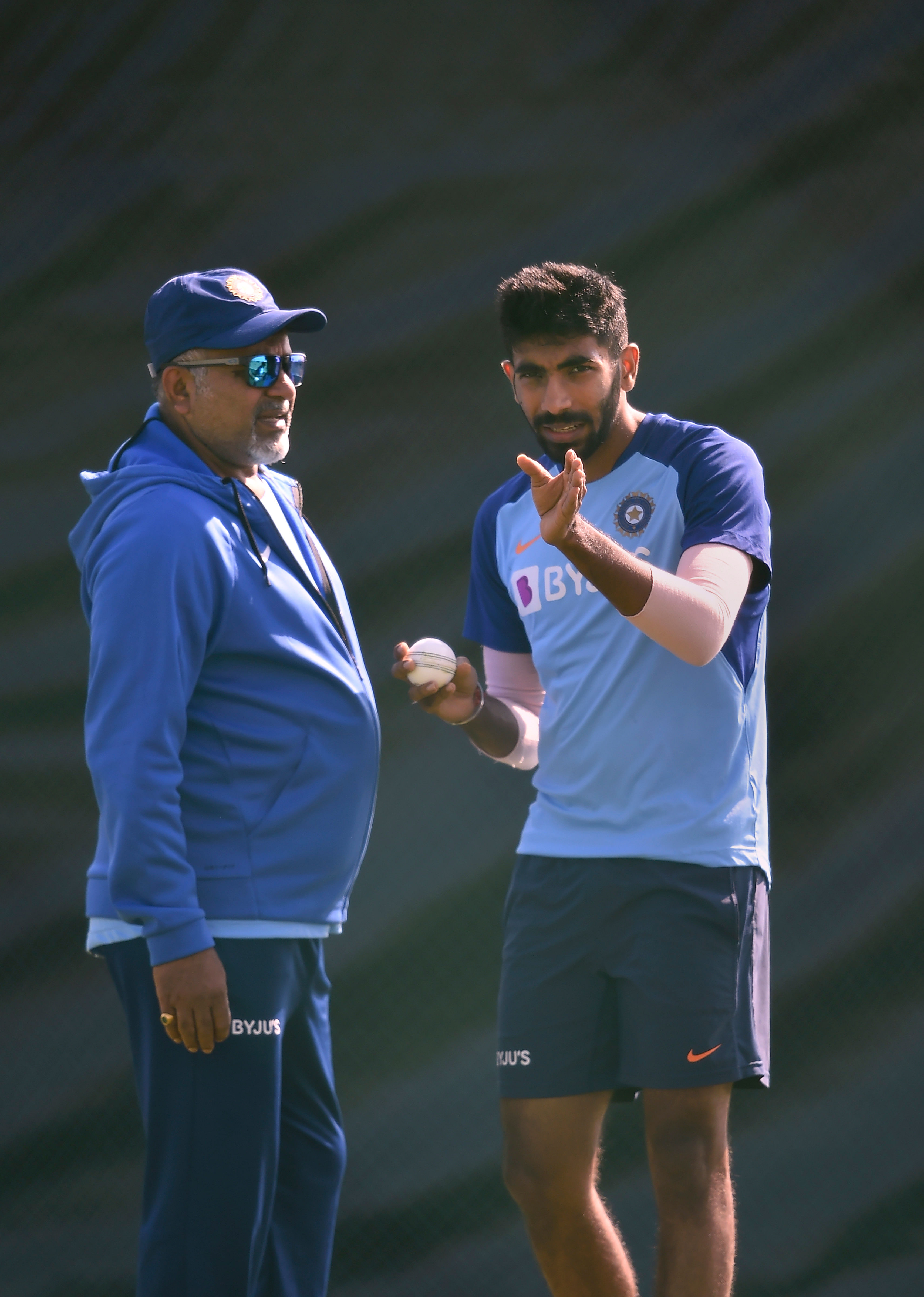 Indian pacer Jasprit Bumrah with bowling coach Bharat Arun during a training session (PTI photo)