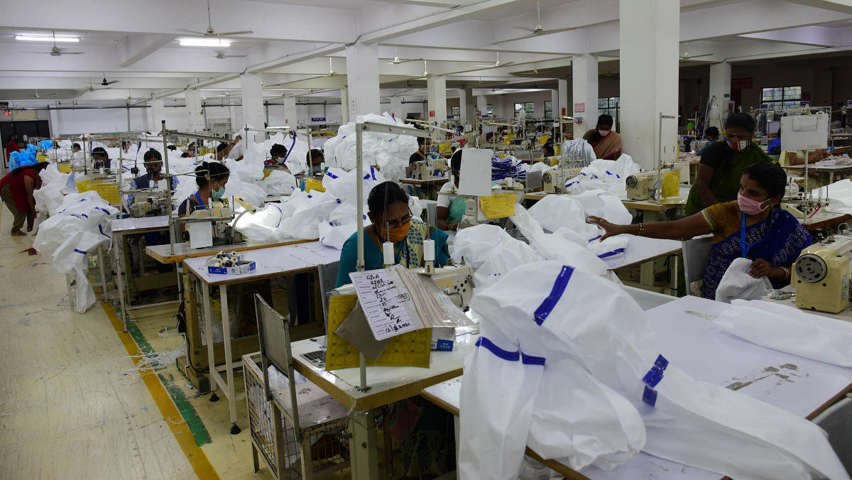 Garment factories in the Peenya Industrial Area produce nearly 1.25 lakh PPEs of the 4.5 lakh manufactured in the country daily. DH PHTOS/B H SHIVAKUMAR