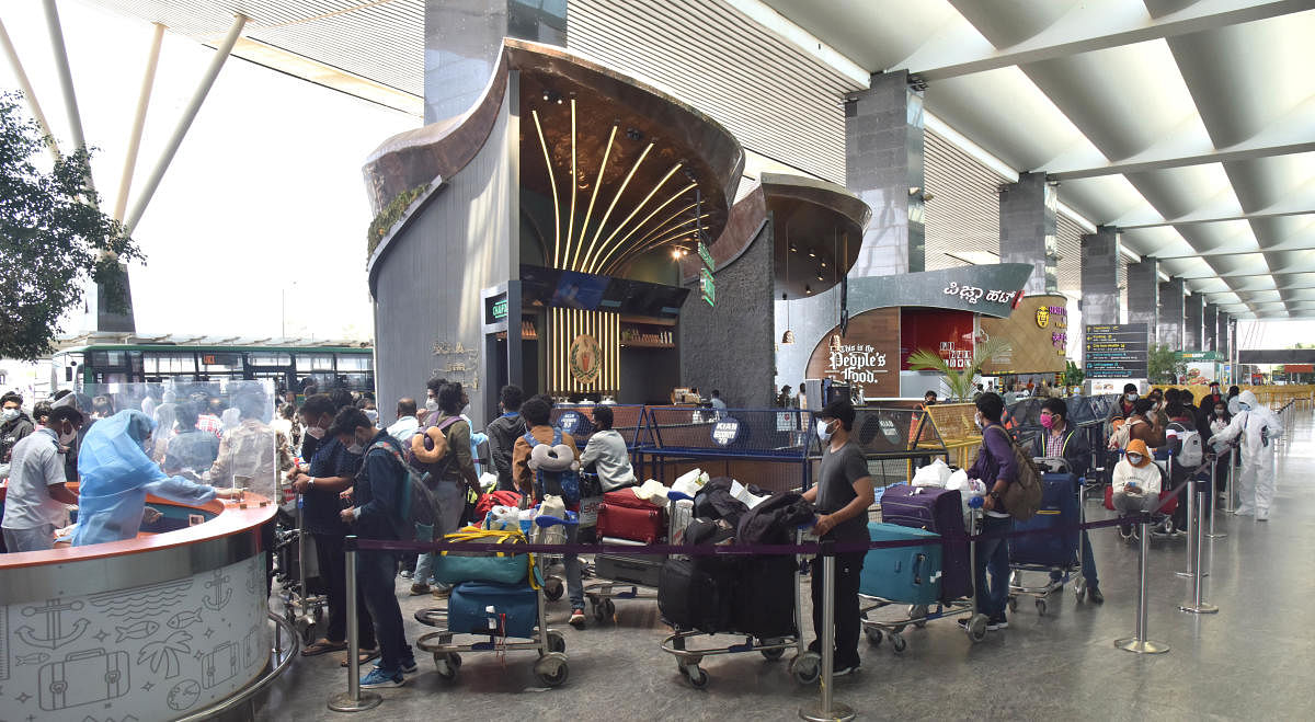 Upon arrival at the Bengaluru airport, passengers from red zones are asked to choose a category of hotel: budget, mid-range or five-star. BMTC buses then drop them to their quarantine centres. DH PHOTOS BY BK JANARDHAN