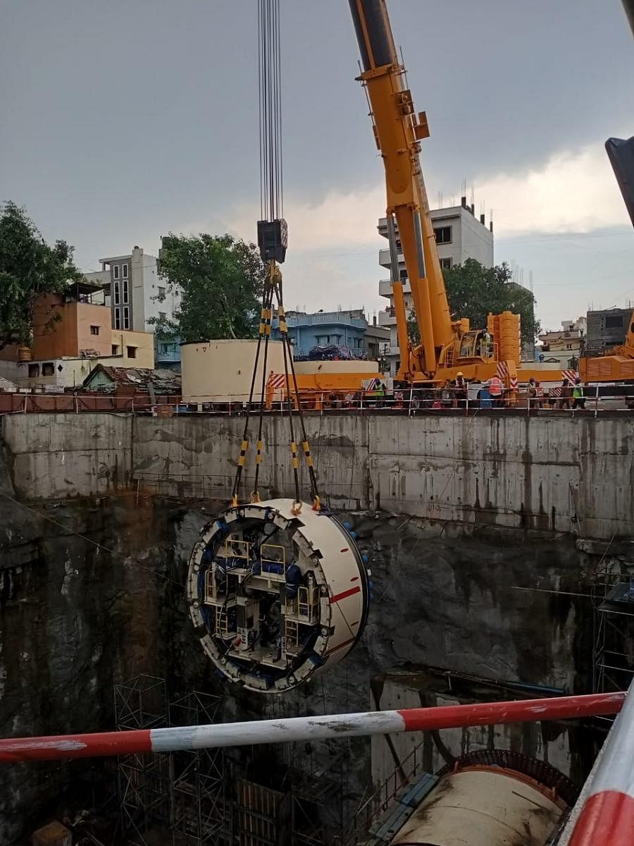 A segment of the TBM being lowered into the ground at the Cantonment railway station. SPECIAL ARRANGEMENT