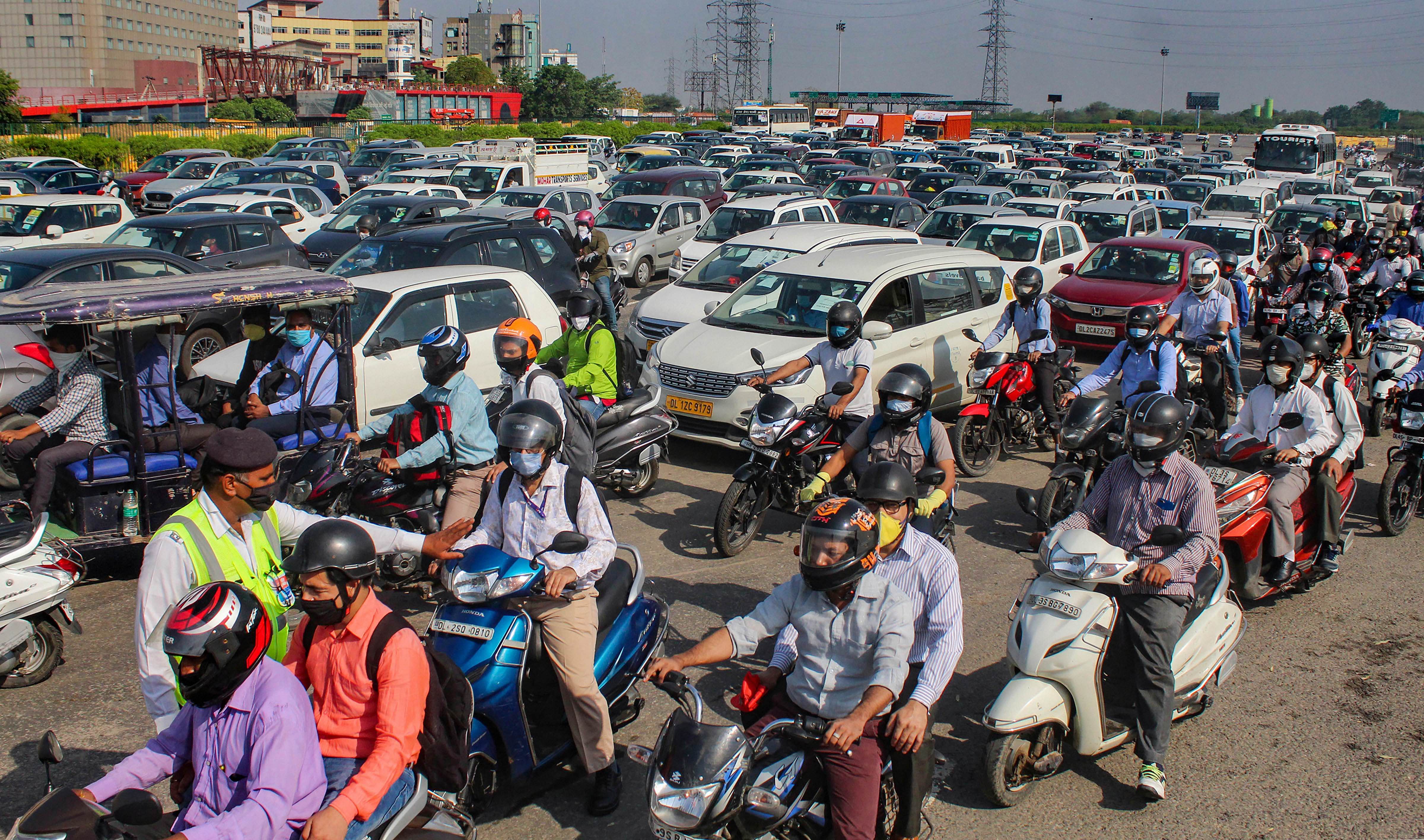 Traffic congestion at the Delhi-Gurugram border near Ambience Mall as Haryana Police screened every commuter before allowing passage into the city, on the first day of COVID-19 lockdown 5.0, in Gurugram, Monday, June 1, 2020. (PTI Photo) 