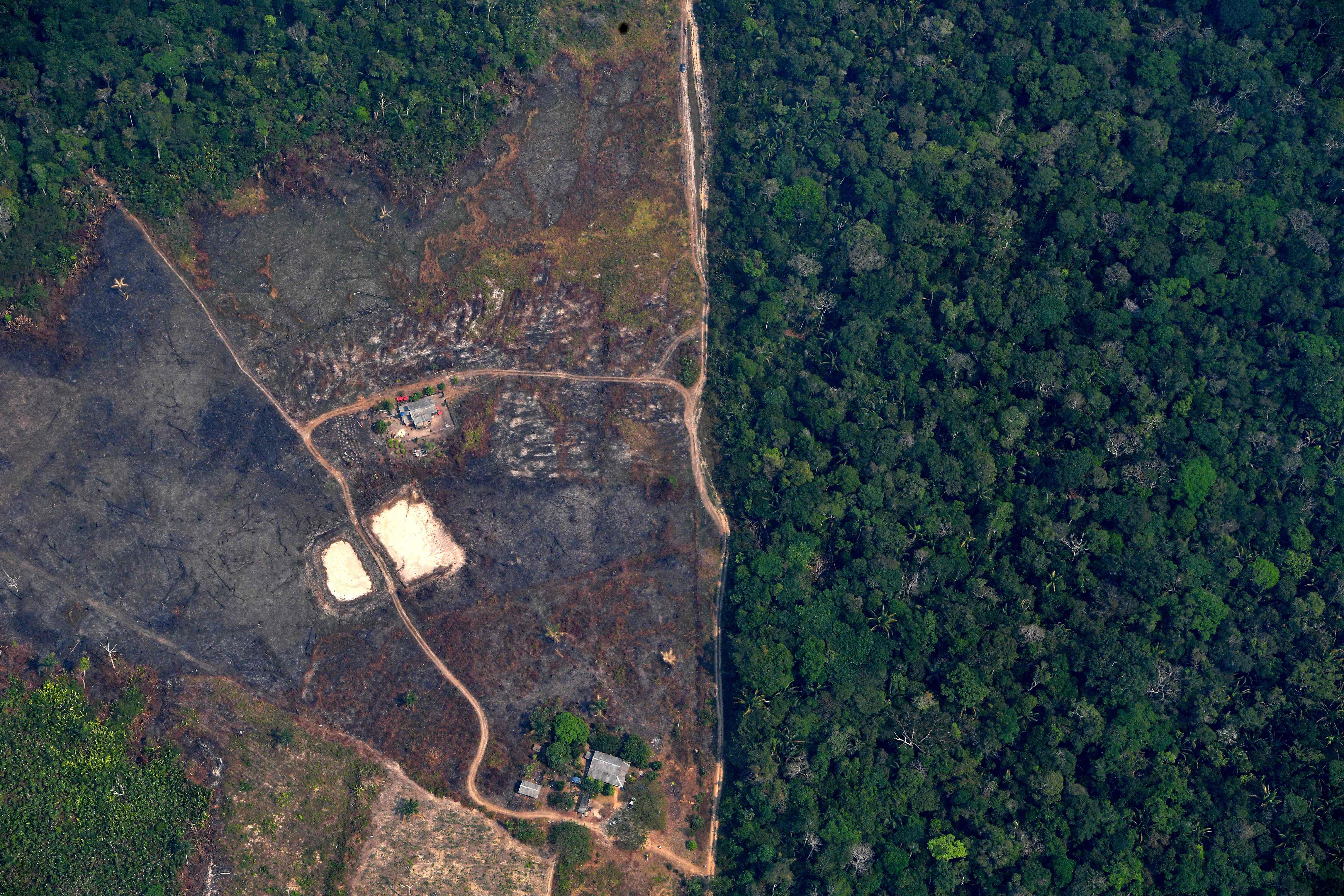 File photo taken on August 23, 2019 of an aerial view of a deforested piece of land in the Amazon rainforest near an area affected by fires, about 65 km from Porto Velho, in the state of Rondonia, in northern Brazil. (AFP photo)