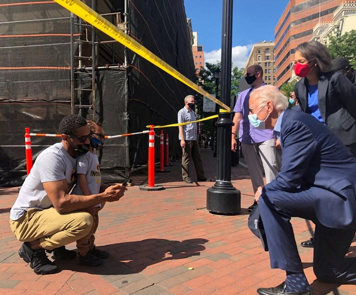 Democratic U.S. presidential candidate and former U.S. Vice President Joe Biden visits a site of the protest over the death of George Floyd in Minneapolis police custody, in Wilmington, Delaware in this social media image courtesy of Biden's campaign. (Credit: Reuters)