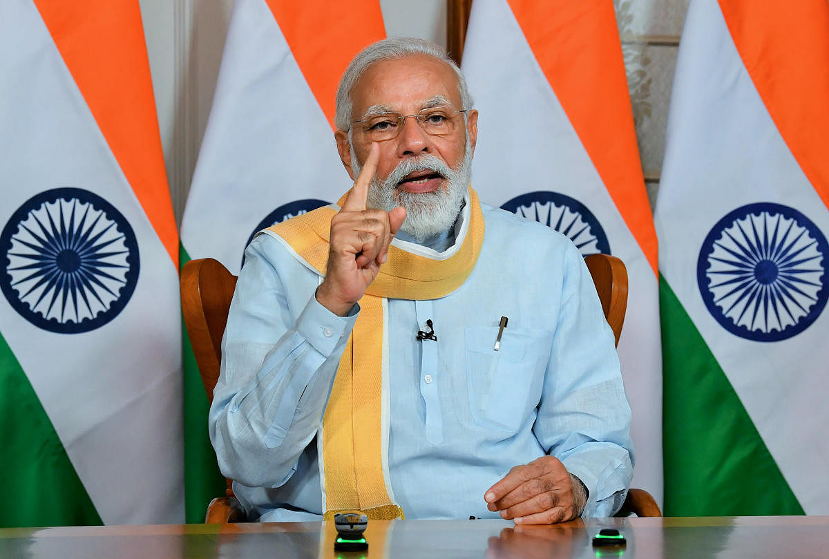New Delhi: Prime Minister Narendra Modi addresses the 25th Foundation Day of the Rajiv Gandhi University of Health Sciences at Bengaluru via video conferencing, in New Delhi, Monday, June 1, 2020. (PIB/PTI Photo)(PTI01-06-2020_000213B)