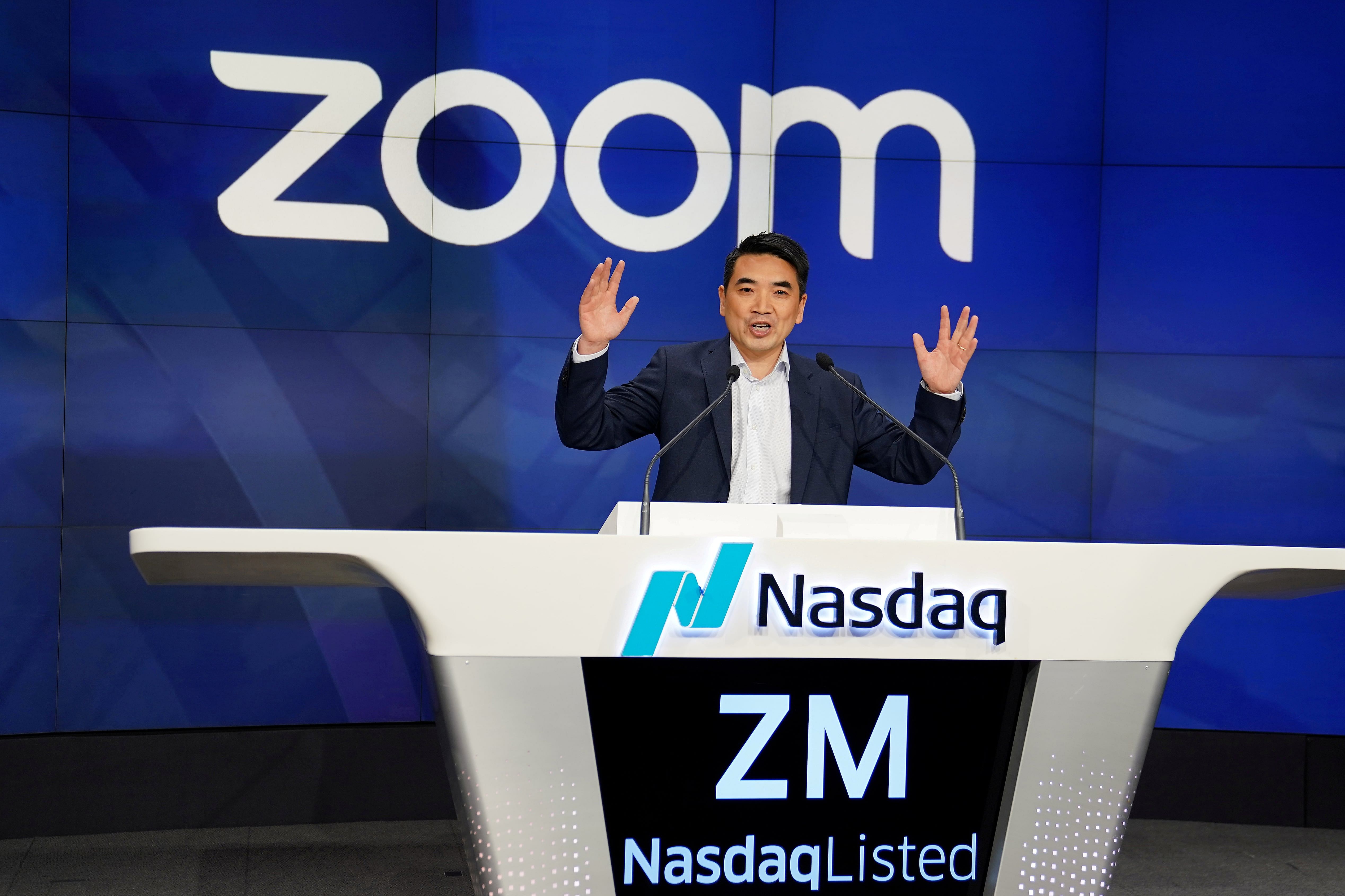 Eric Yuan, CEO of Zoom Video Communications takes part in a bell ringing ceremony at the NASDAQ MarketSite in New York, New York, U.S., April 18, 2019. (Credit: Reuters File Photo)