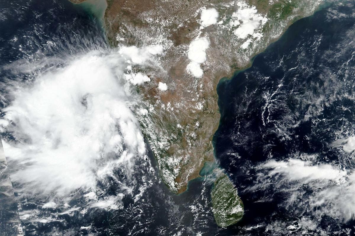 This May 31, 2020, satellite image released by NASA shows Cyclone Nisarga roaring toward the western coast of India. (PTI)