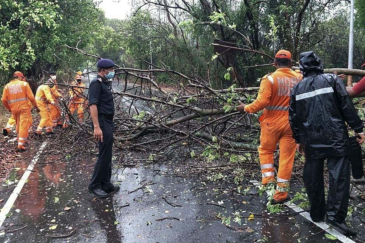This handout photograph taken on June 3, 2020 and released by the National Disaster Response Force (NDRF) shows NDRF personnel clearing fallen trees from a road in Alibag town of Raigad district following cyclone Nisarga landfall in India's western coast.