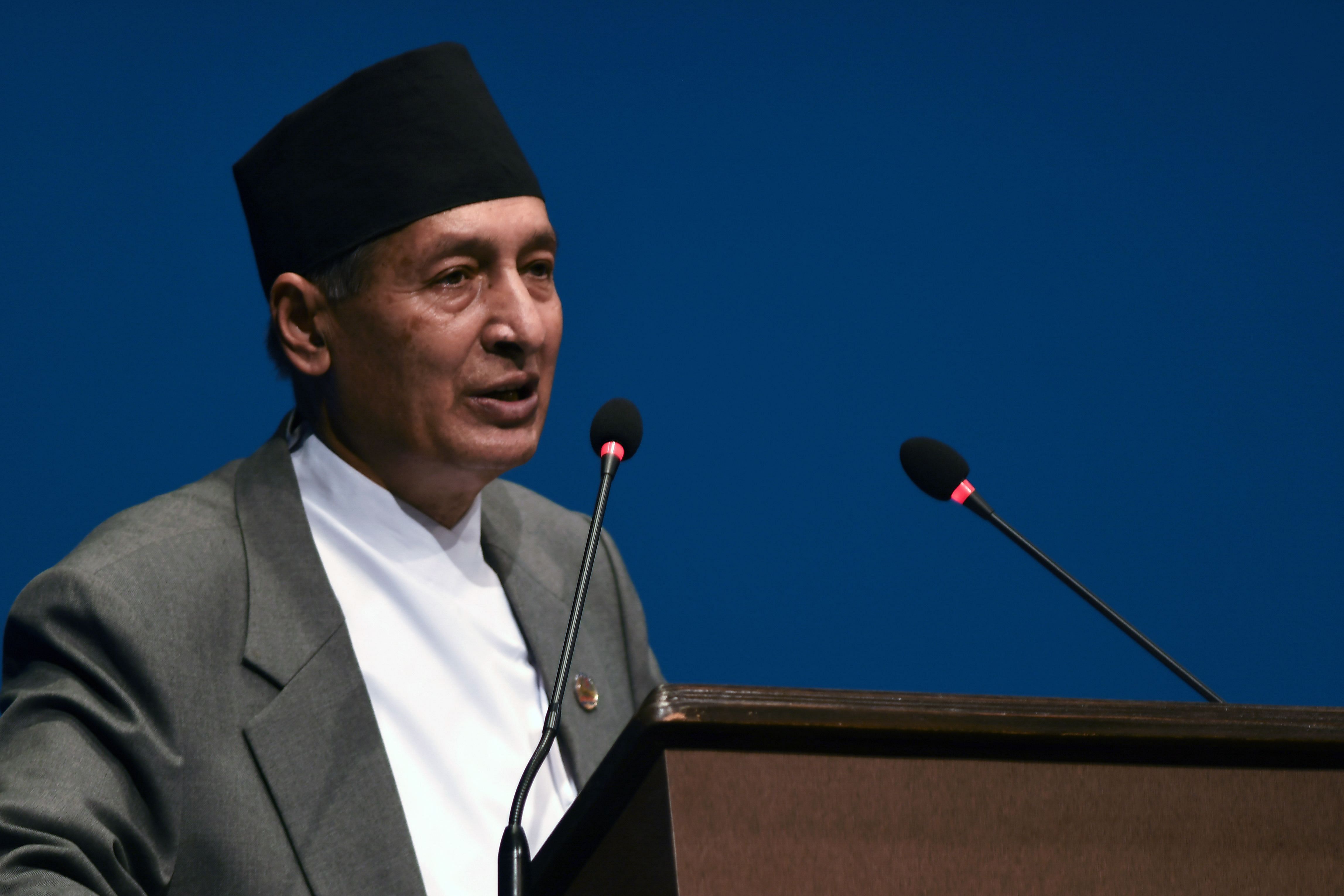 Nepal's Finance Minister Yubaraj Khatiwada announces the government's budget for the 2020/2021 fiscal year. (AFP Photo)