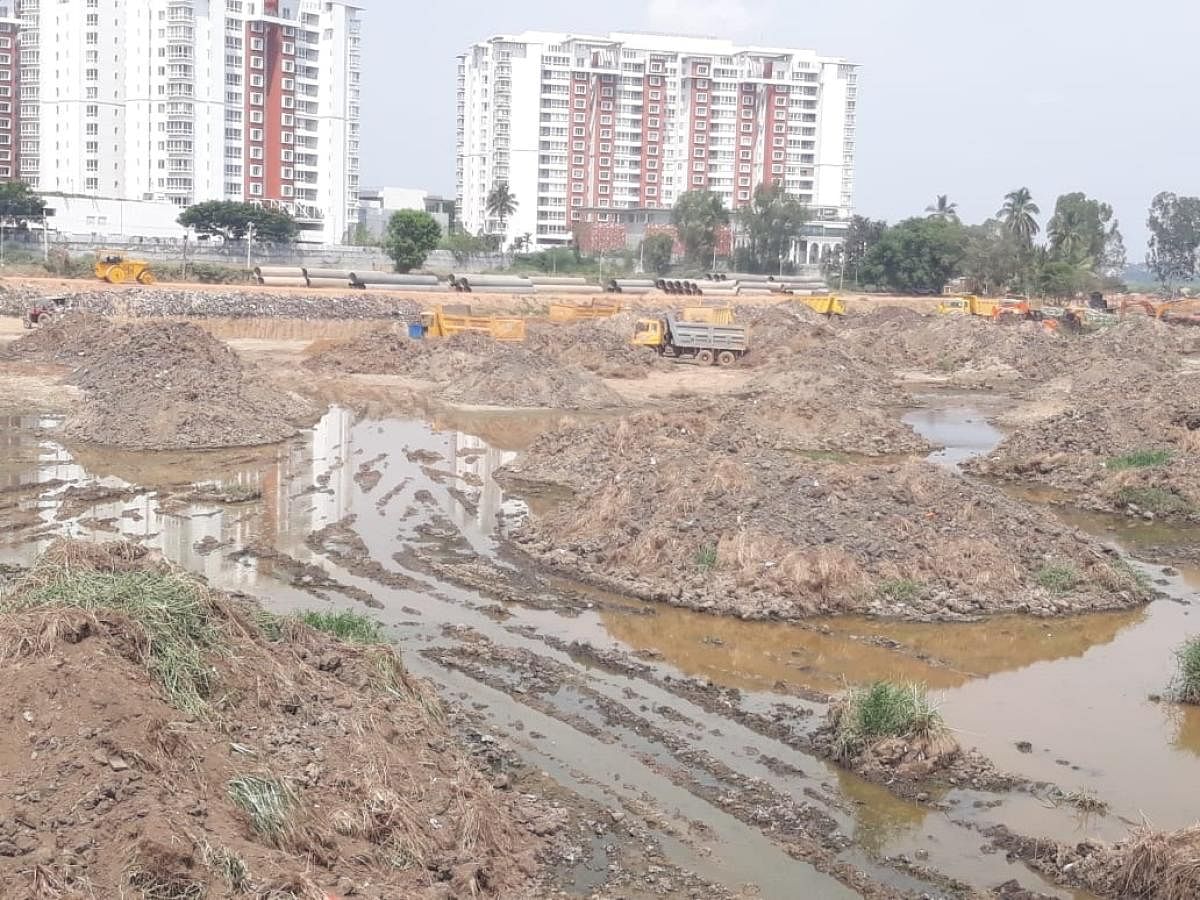 The desilting work is in progress in Bellandur Lake.