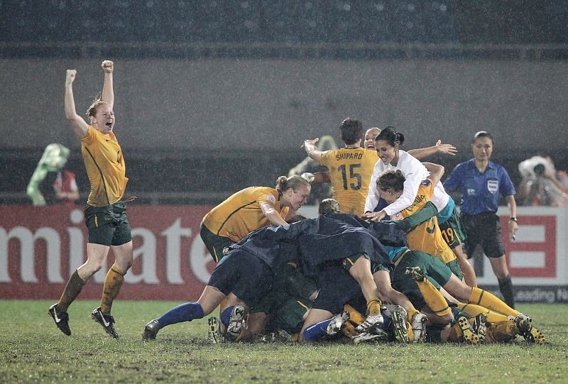 Australia celebrate after beating North Korea 5-4 on penalties in the final of the AFC Women's Asian Cup at the Chengdu Sports Centre in China. (File Photo)