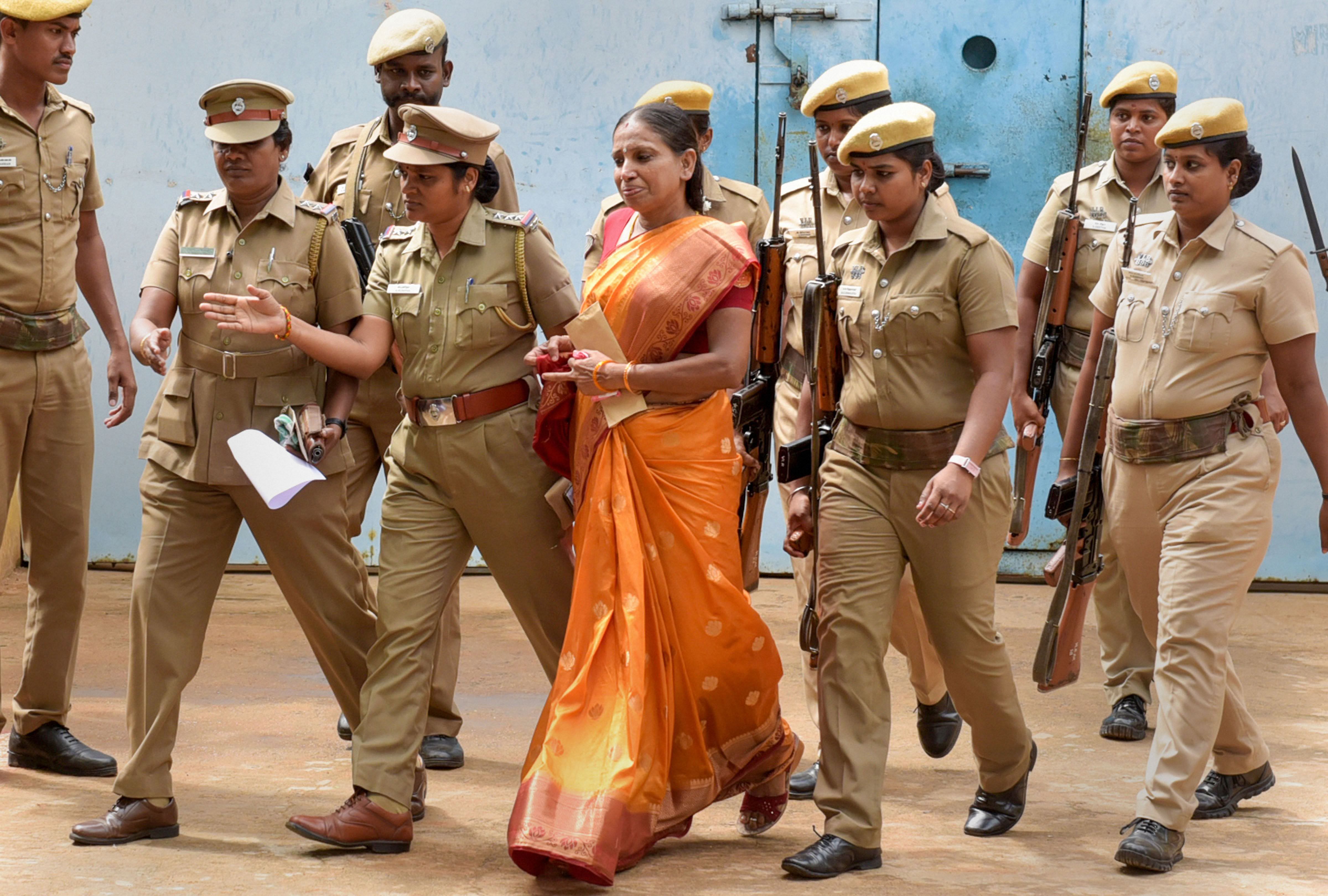 Nalini Sriharan, one of the seven convicts in the Rajiv Gandhi assassination case, is released from prison on 30-day parole amid tight security for her daughter's wedding, in Vellore district, Thursday, July 25, 2019. Imprisoned since 1991, this is the first time she has been out on parole for 30 days. (PTI Photo)