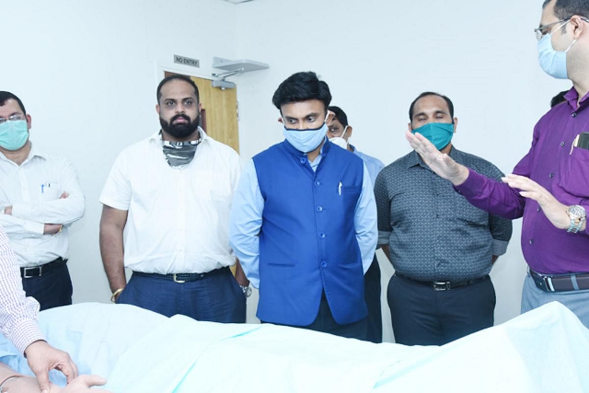 Medical Education Minister Dr K Sudhakar being briefed about the state-of-the-art simulation models used to teach medical students and the general public at Father Muller Simulation Center in Father Muller Charitable Institutions (FMCI) in Mangaluru on Th