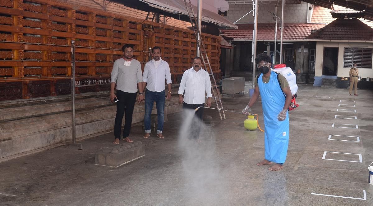 Kadri Manjunatha Temple in Mangaluru was sanitised ahead of its reopening.