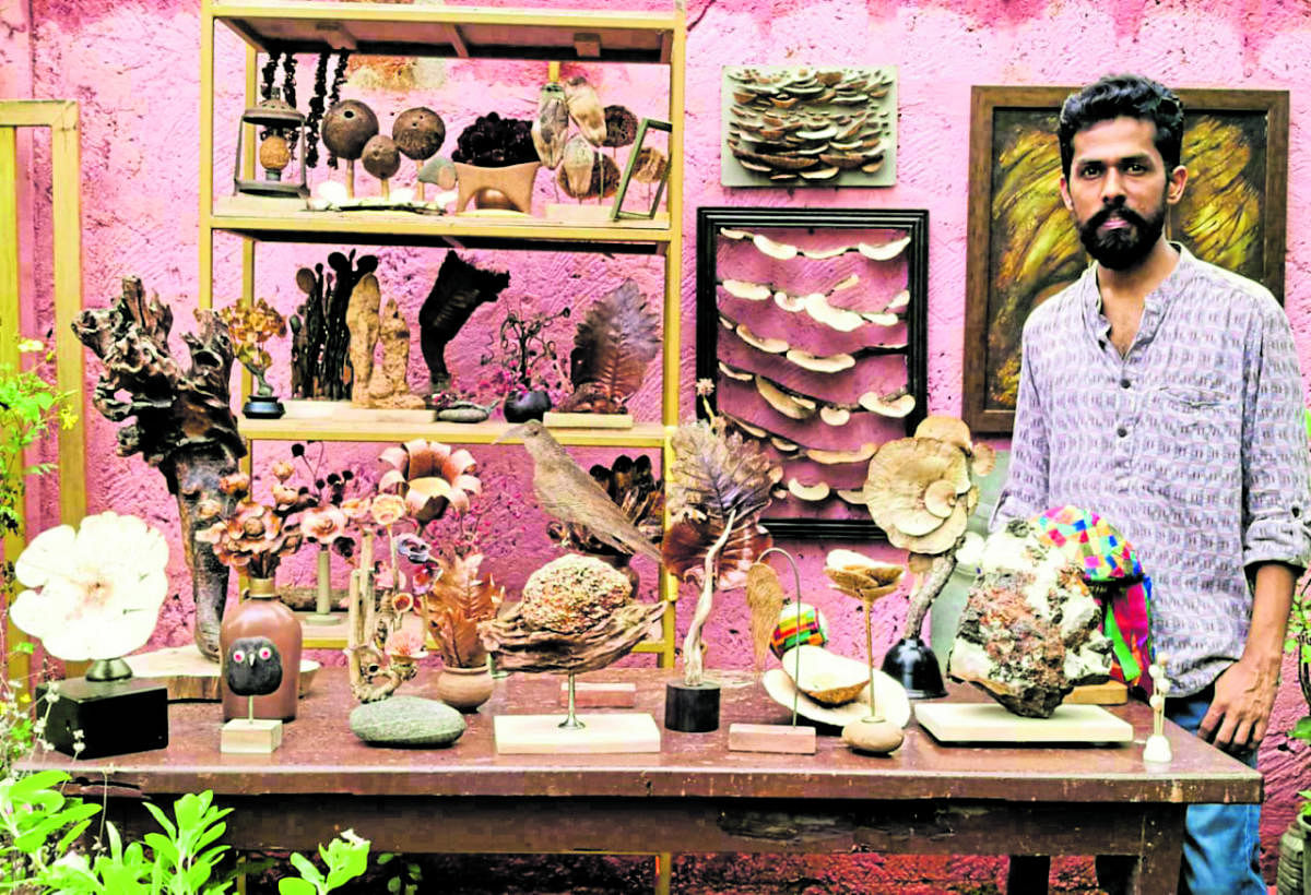 Vinodraj with artworks created by him during the lockdown.