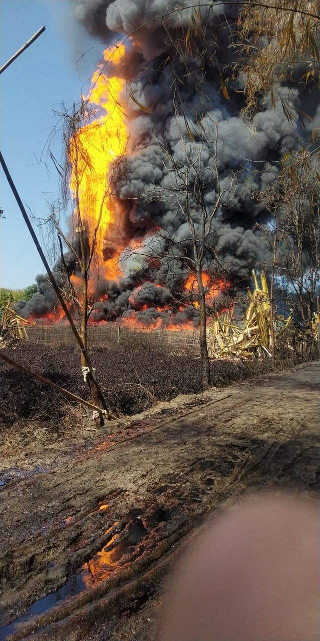 Fire in gas well at Baghjan in Tinsukia district in eastern Assam on Tuesday afternoon. Credit: DH photo