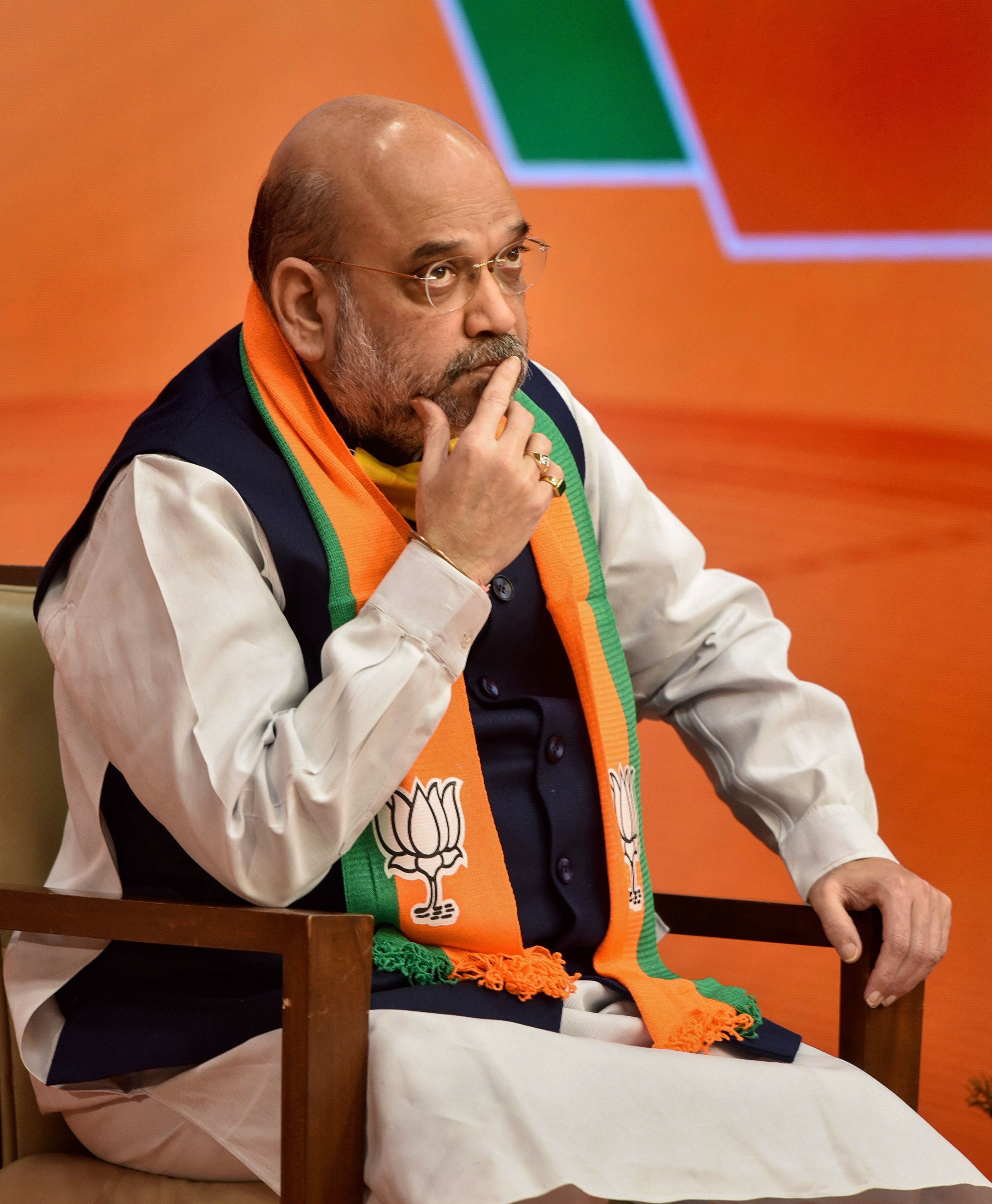 Union Home Minister Amit Shah during the 'West Bengal Jan Samvad' rally via video conferencing during the ongoing COVID-19 lockdown. Credit: PTI Photo