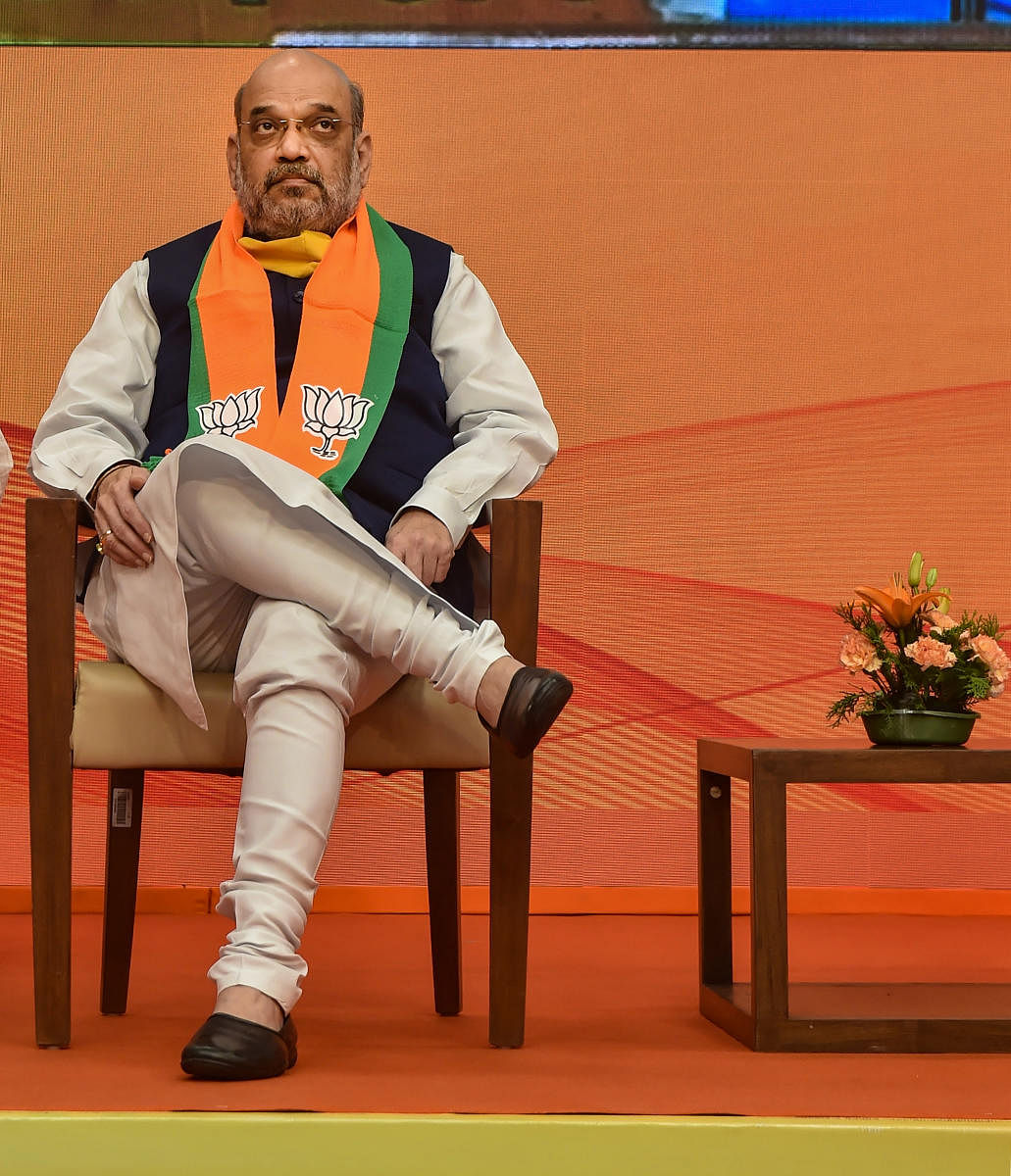 Union Home Minister and senior BJP leader Amit Shah during 'West Bangal Jan Samvad' virtual rally, at party headquarters in New Delhi, Tuesday, June 9, 2020. (PTI Photo)