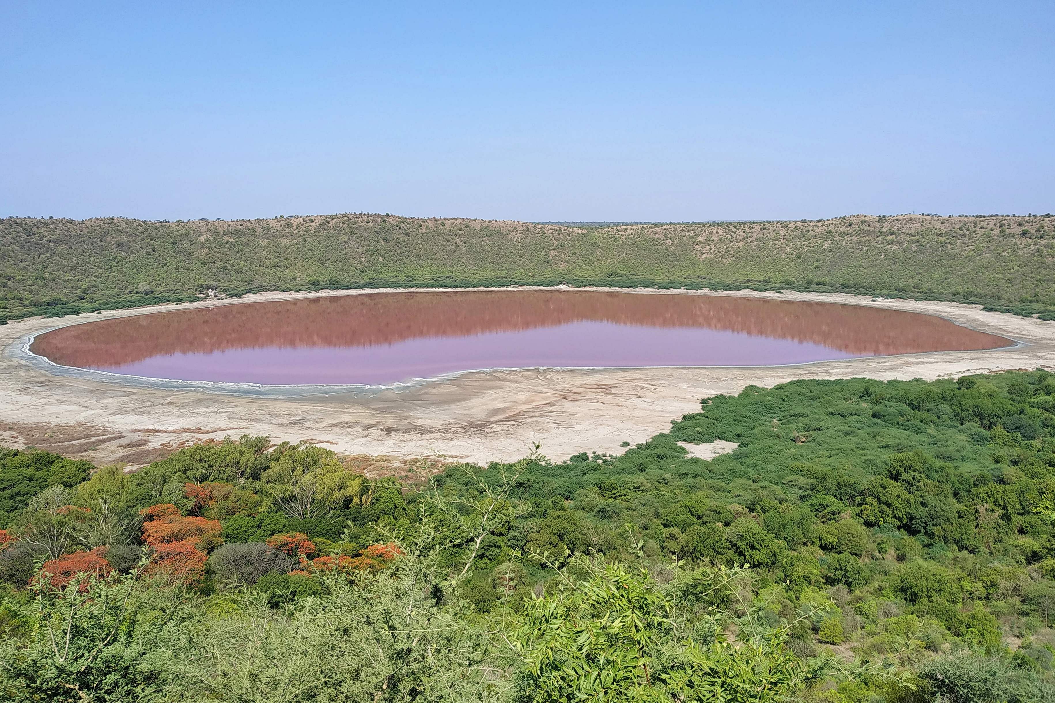 A general view of Lonar crater sanctuary lake is pictured in Buldhana district of Maharashtra. Credit: AFP
