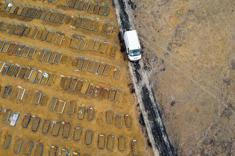 Aerial view showing a new area (R) cleared to accomodate new graves to cope with demand during the COVID-19 coronavirus pandemic in the Nossa Senhora Aperecida cemetery in Manaus, Brazil. Credits: AFP Photo