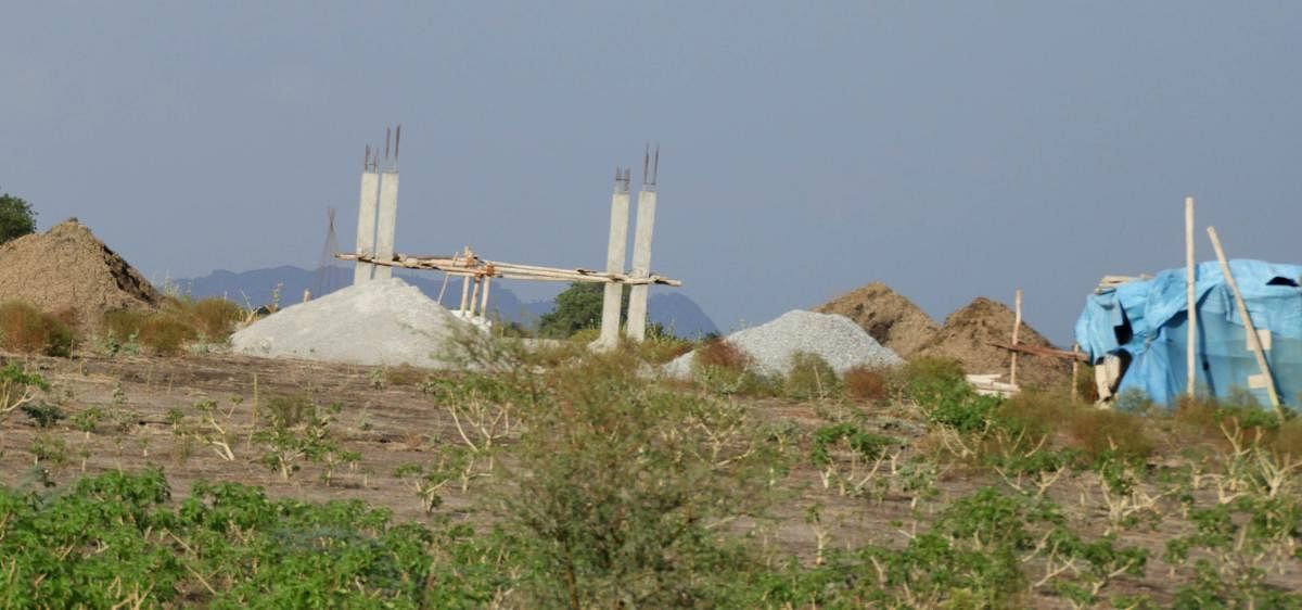 A watchtower coming up at Kuruvalli-Mittesugur in Siruguppa taluk of Ballari district, a breeding centre of the critically endangered Great Indian Bustard. DH PHOTO