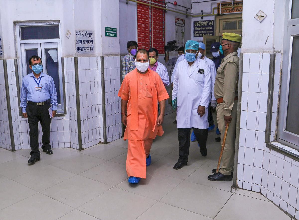UP CM Yogi Adityanath inspects Netaji Subhash Chandra Bose district hospital, during the ongoing COVID-19 nationwide lockdown, in Gorakhpur, Sunday, June 7, 2020. Credit/PTI Photo