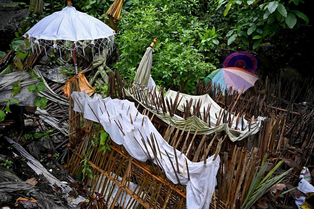 This picture taken on February 20, 2020 shows bamboo cages which cover bodies at a cemetery where Bali's Trunyanese people hold open-air burials - before restrictions were implemented due to the COVID-19 coronavirus - near the village of Trunyan in Bangli Regency, near Lake Batur on Bali island. Credit: AFP Photo