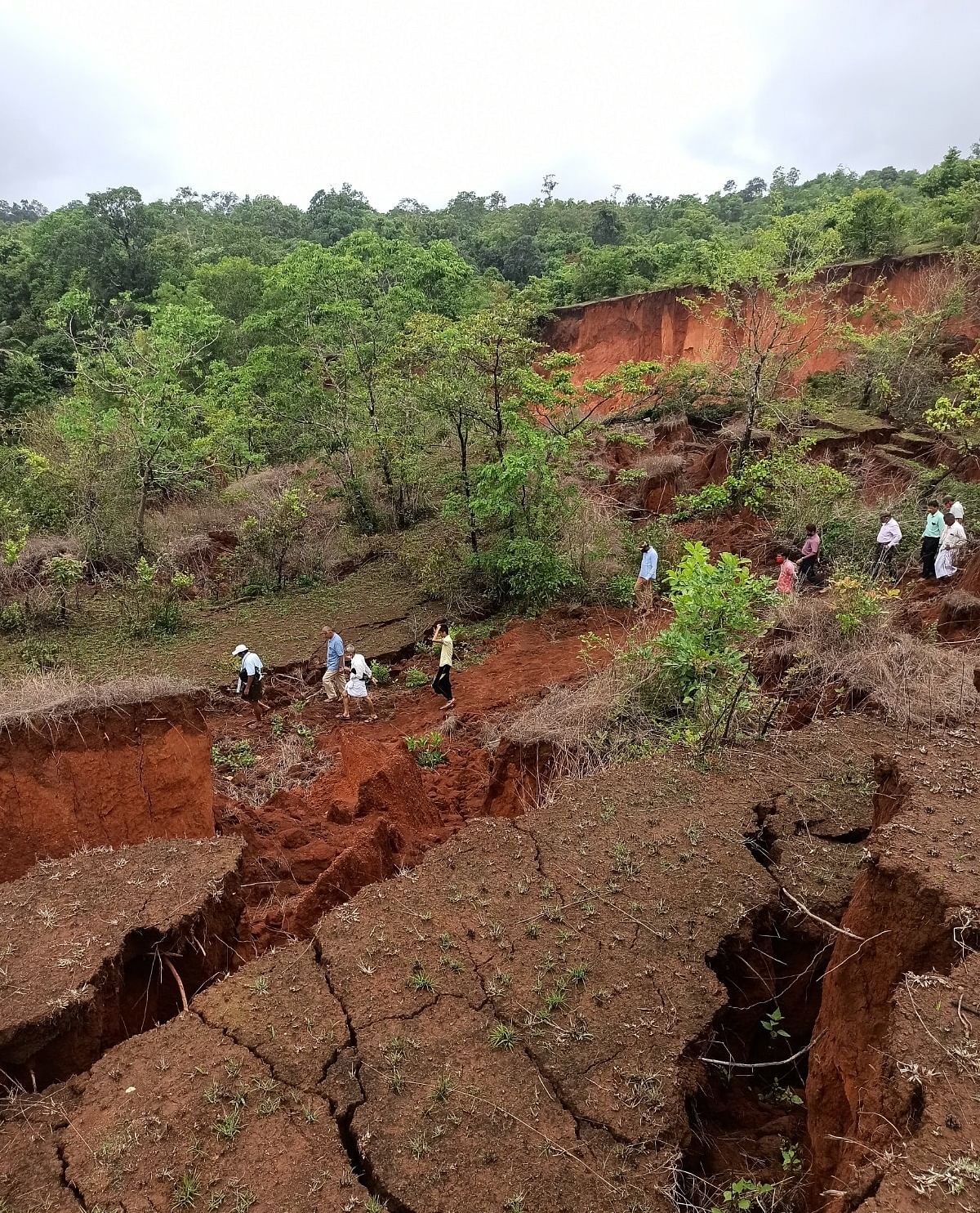 Members of the expert committee appointed by the Karnataka government to study landslides along Western Ghats visited an affected village in Chikkamagaluru recently. (DH Photo) 