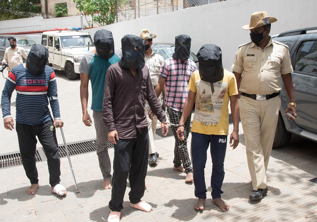 The five suspected contract killers at the city police chief's office on Friday. DH PHOTO/B H SHIVAKUMAR