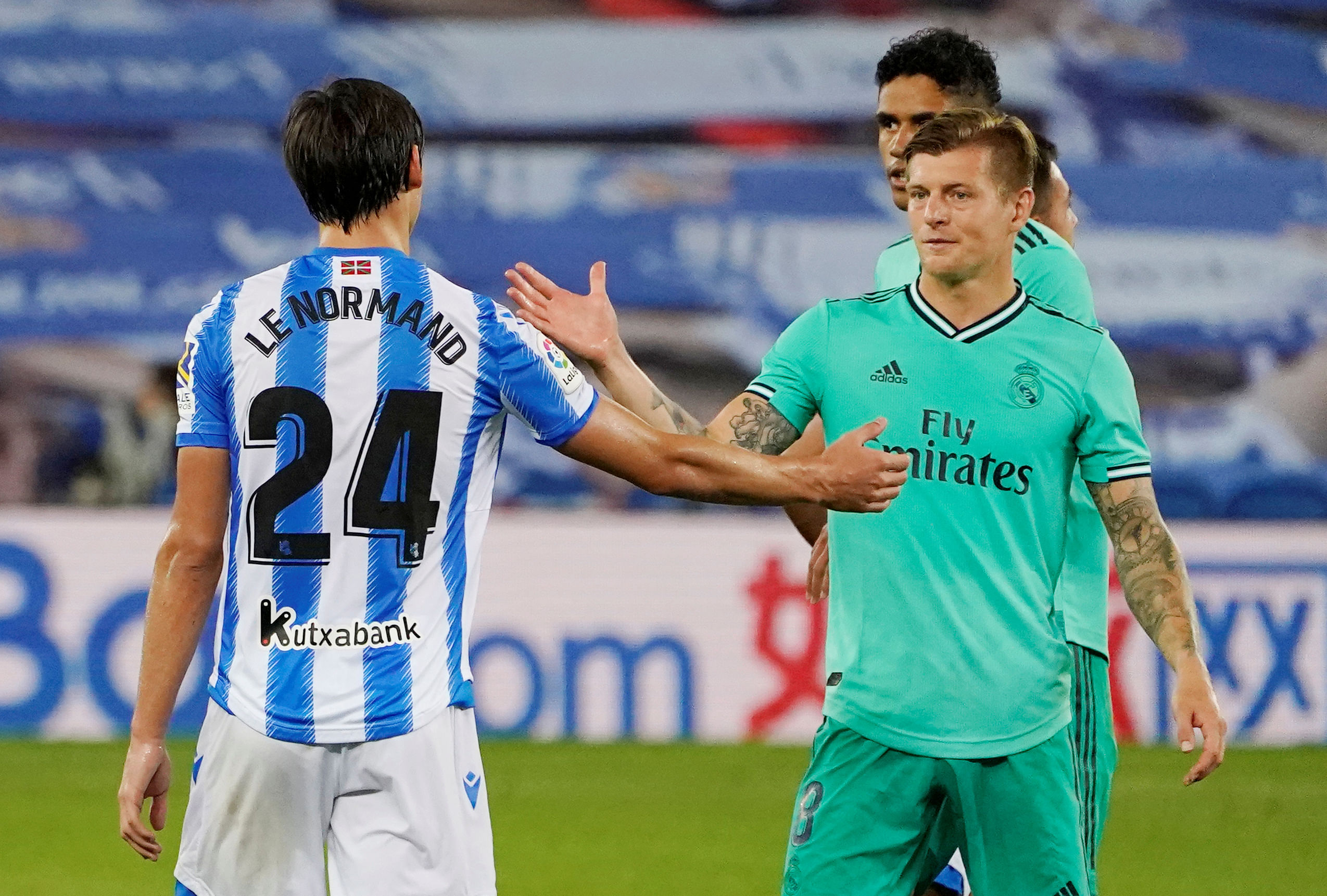  Real Madrid's Toni Kroos with Real Sociedad's Robin Le Normand after the match, as play resumes behind closed doors following the outbreak of the coronavirus. Credits: Reuters Photo