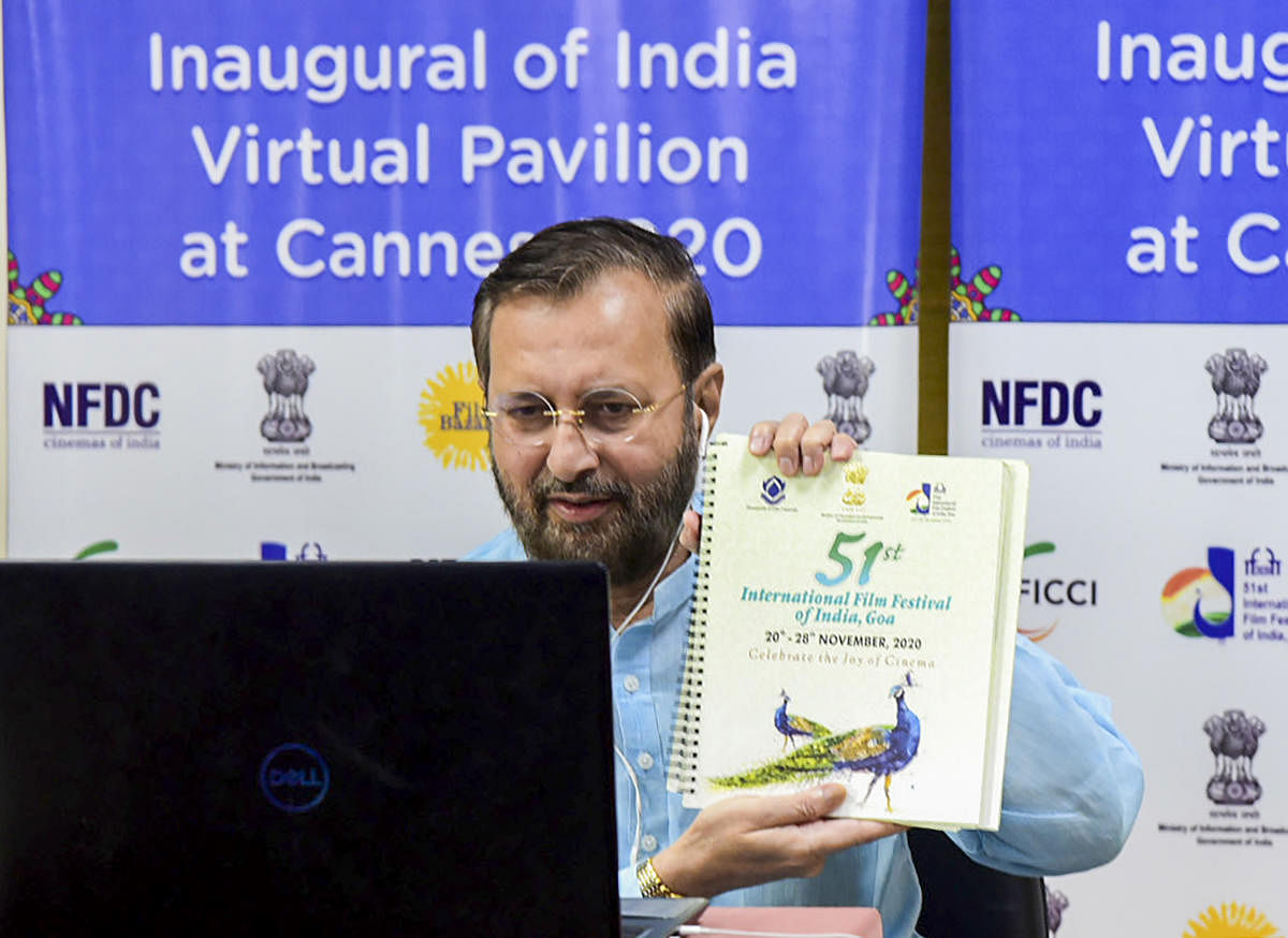 Union Minister for Information & Broadcasting Prakash Javadekar unveils the booklet of IFFI2020 during the inauguration of the India Virtual Pavalion at Cannes Film Market 2020 (PTI  Photo)