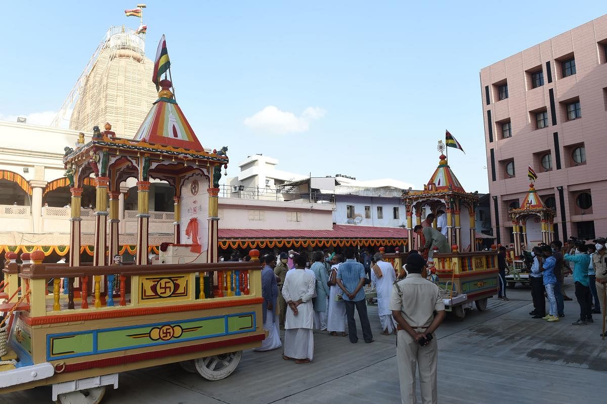 Chariots of Lord Jagannath, sister Subhadra and brother Balaram are seen in the campus of Lord Jagannath Temple on the eve of the annual Rath Yatra  (AFP Photo)