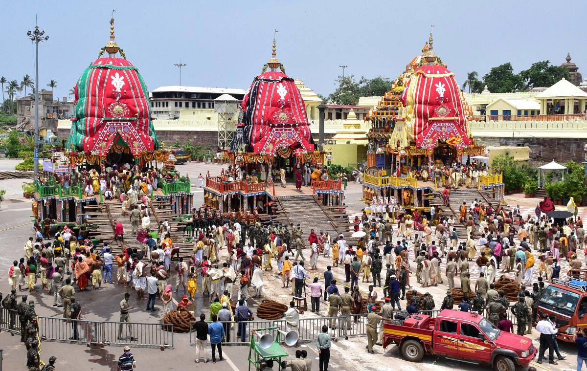 Chariots of Lord Balabhadra, Subhadra and Jagannath before a procession towards the Gundicha temple during the Rath Yatra festival, amid the ongoing coronavirus pandemic, in Puri, Tuesday, June 23, 2020. Credit: PTI