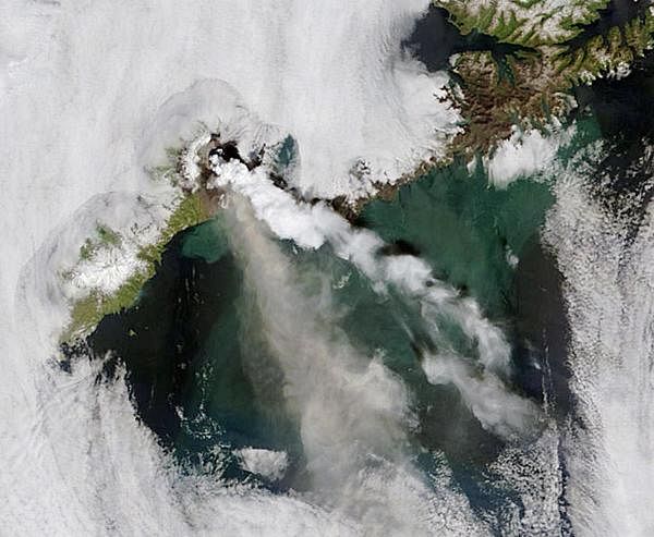  In this file photo taken on July 16, 2008 Okmok Volcano, in Alaska’s Aleutian Islands, released a continuous plume of ash and steam in early July 2008 as seen in this NASA satellite handout image. Credit: AFP