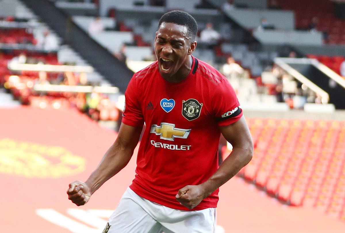 Manchester United's Anthony Martial celebrates scoring their third goal to complete his hat-trick, as play resumes behind closed doors following the outbreak of the coronavirus disease. Credit/Reuters Photo