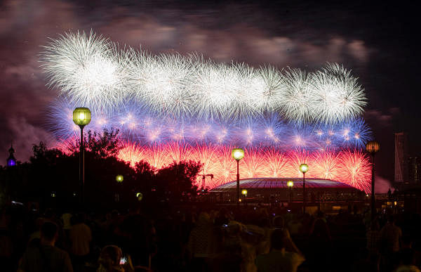 Fireworks explode over the Luzhniki stadium marking the 75th anniversary of the victory over Nazi Germany in World War Two, in Moscow. Credit: Reuters