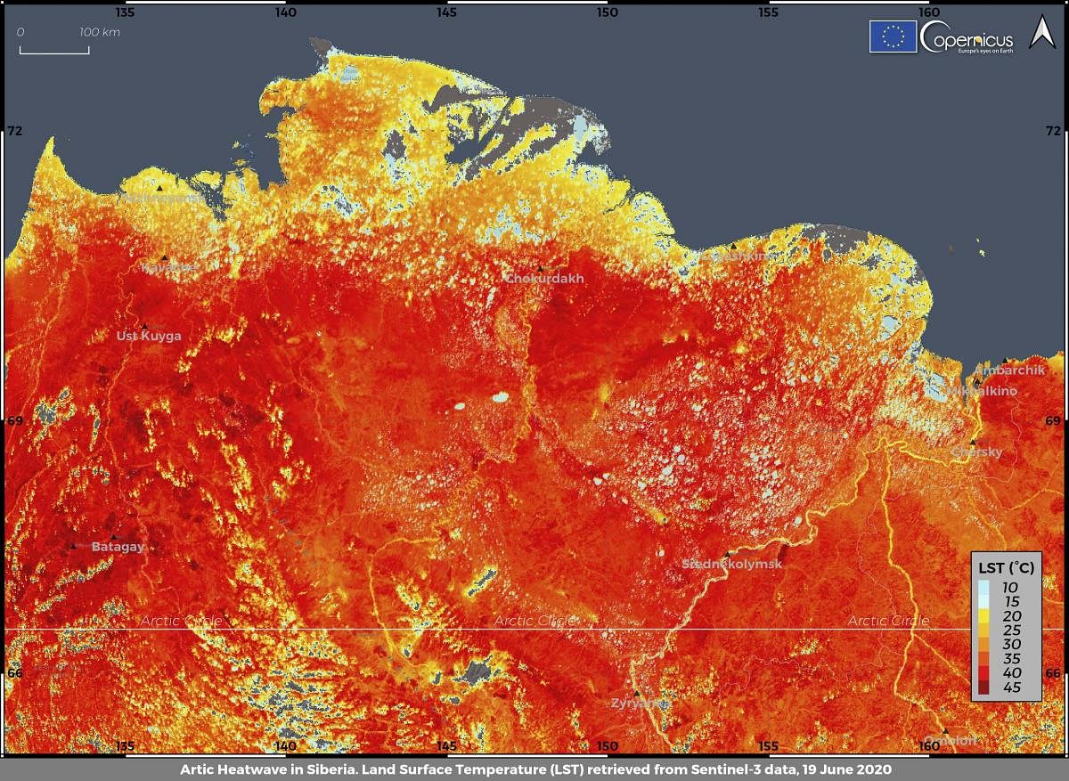 This photo taken on Friday, June 19, 2020 and provided by ECMWF Copernicus Climate Change Service shows the land surface temperature in the Siberia region of Russia. AP/PTI