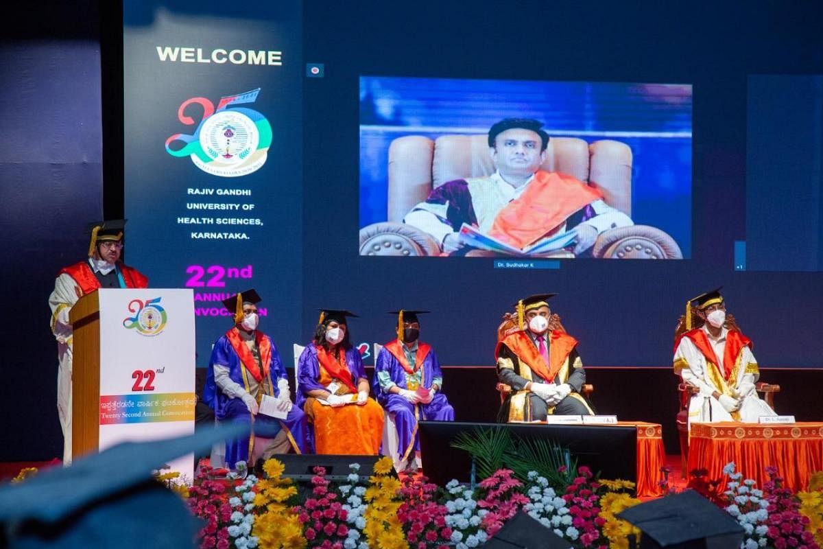 Medical Education Minister Dr K Sudhakar, who is under home quarantine (after his family members tested positive for Covid-19) takes part in the 22nd annual convocation of Rajiv Gandhi University of Health Sciences, through a video conference, in Bengalur