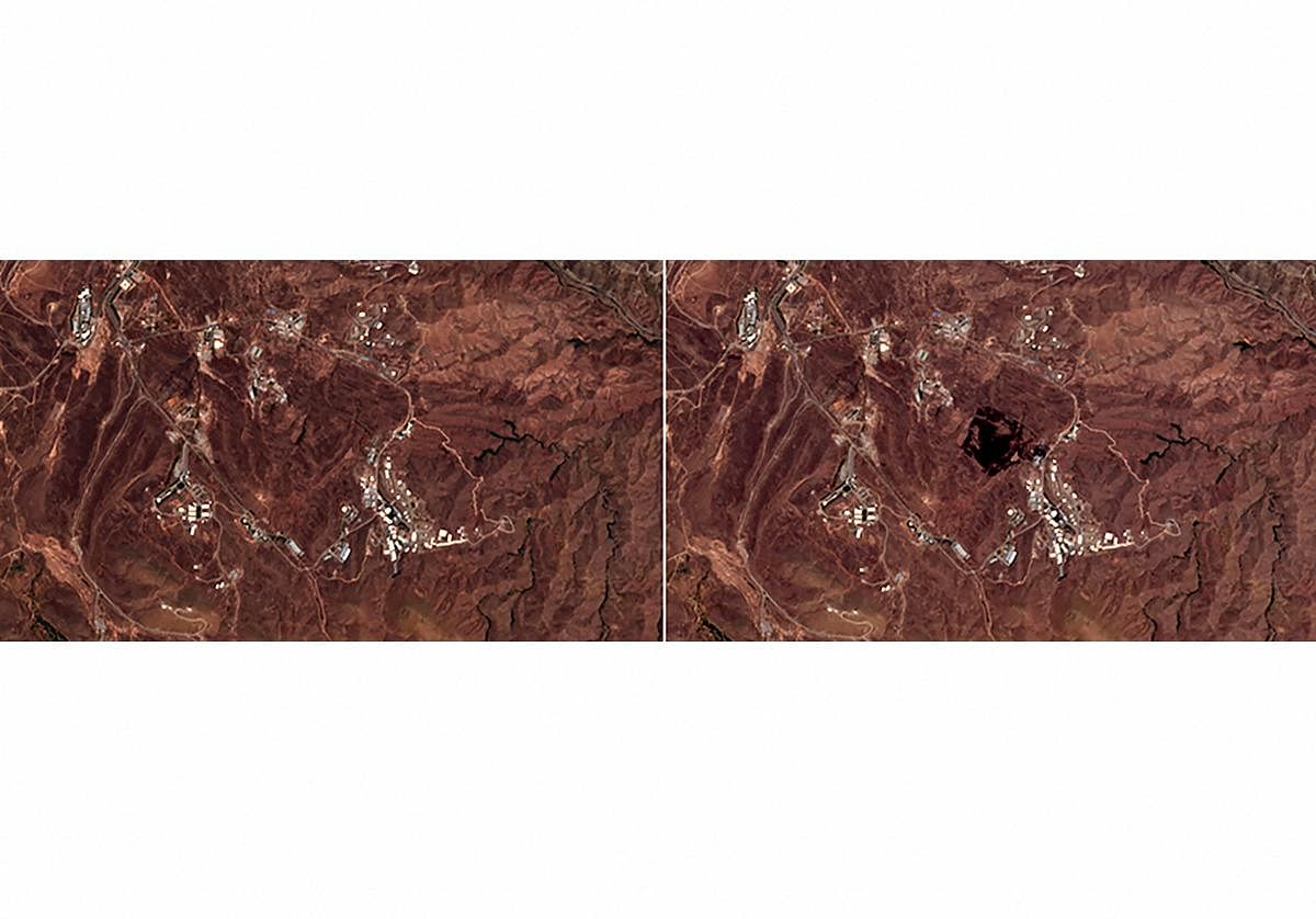  This Friday, June 26, 2020, photo combo from the European Commission's Sentinel-2 satellite shows the site of an explosion, before, left, and after, right, that rattled Iran's capital. Analysts say the blast came from an area in Tehran‚ eastern mountains that hides a underground tunnel system and missile production sites. The explosion appears to have charred hundreds of meters of scrubland. Credit/AP Photo