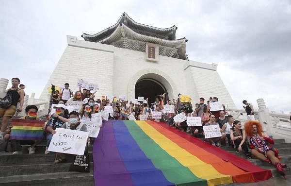 Participants rally during the "Taiwan Pride March for the World!" at Liberty Square at the CKS Memorial Hall in Taipei, Taiwan, Sunday, June 28, 2020. Credit: AP Photo