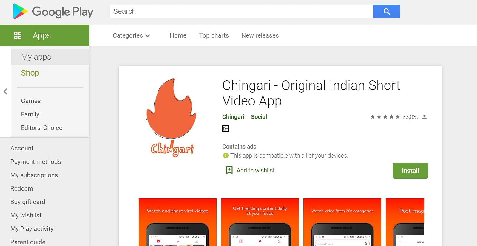 Chingari app on Google Play store (screen-shot)