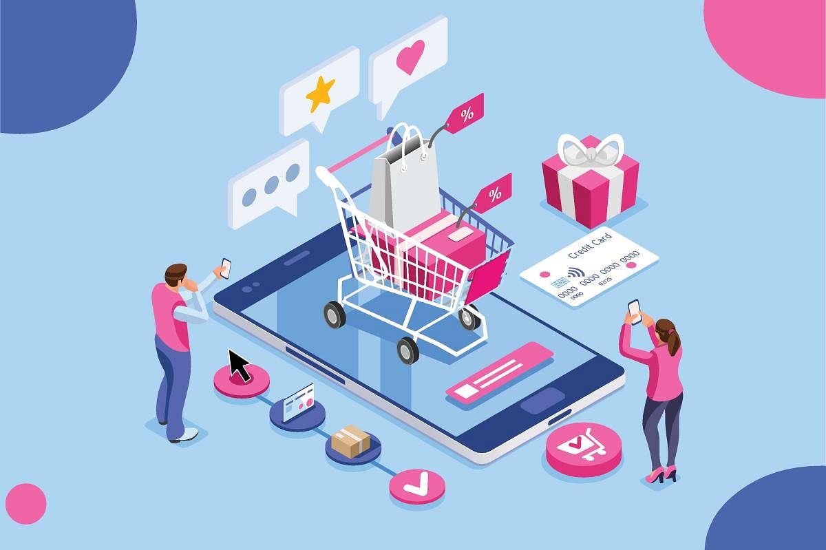 Order online, shopping concept. Customer character with gift. Mobile pay with credit card. Can use for web banner, infographics, hero images. Flat isometric illustration isolated on white background.Order Online Shopping Concept