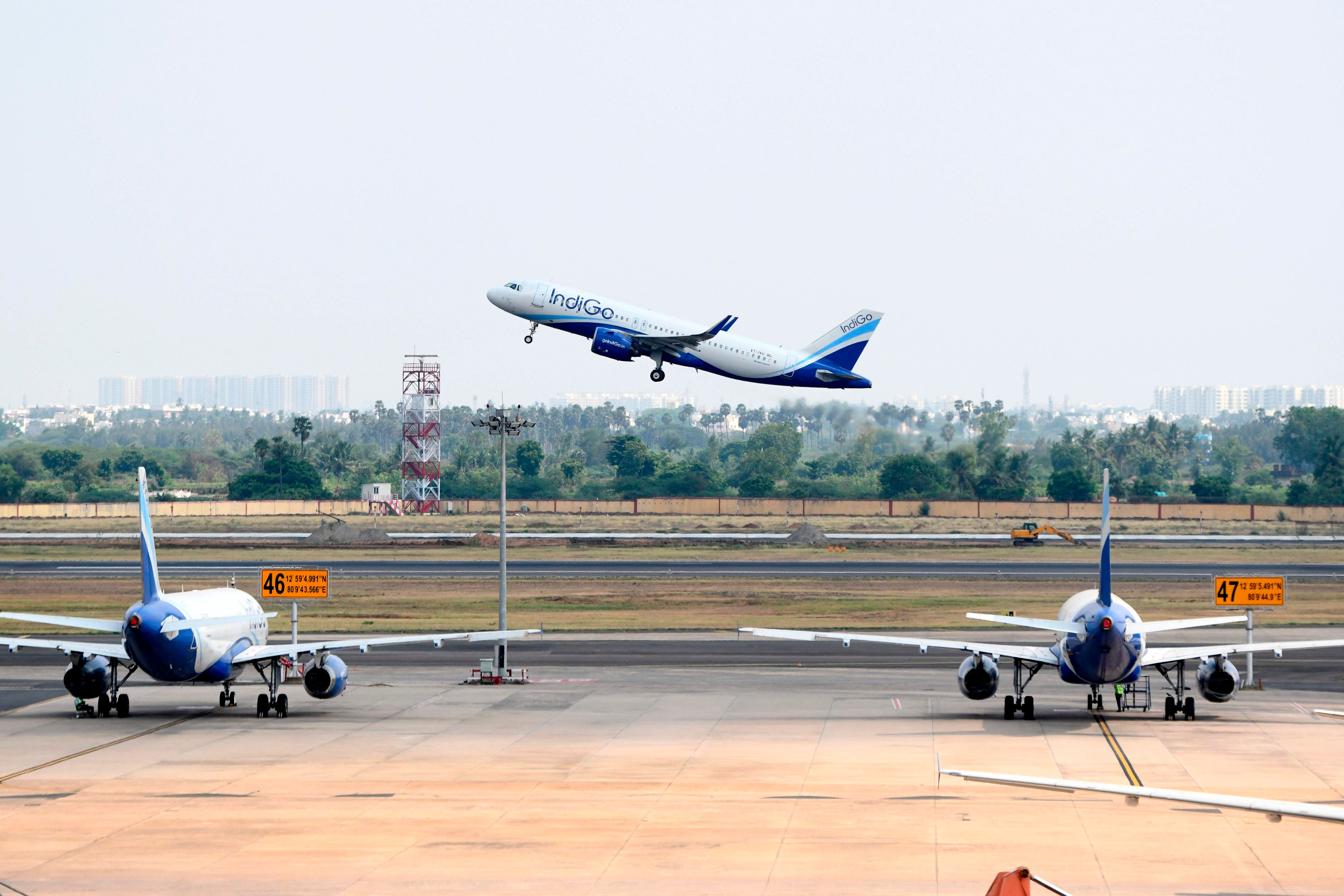 An Indigo flight directed to Varanasi takes off at the Kamaraj domestic airport during the first day of resuming of domestic flights. Credits: AFP Photo