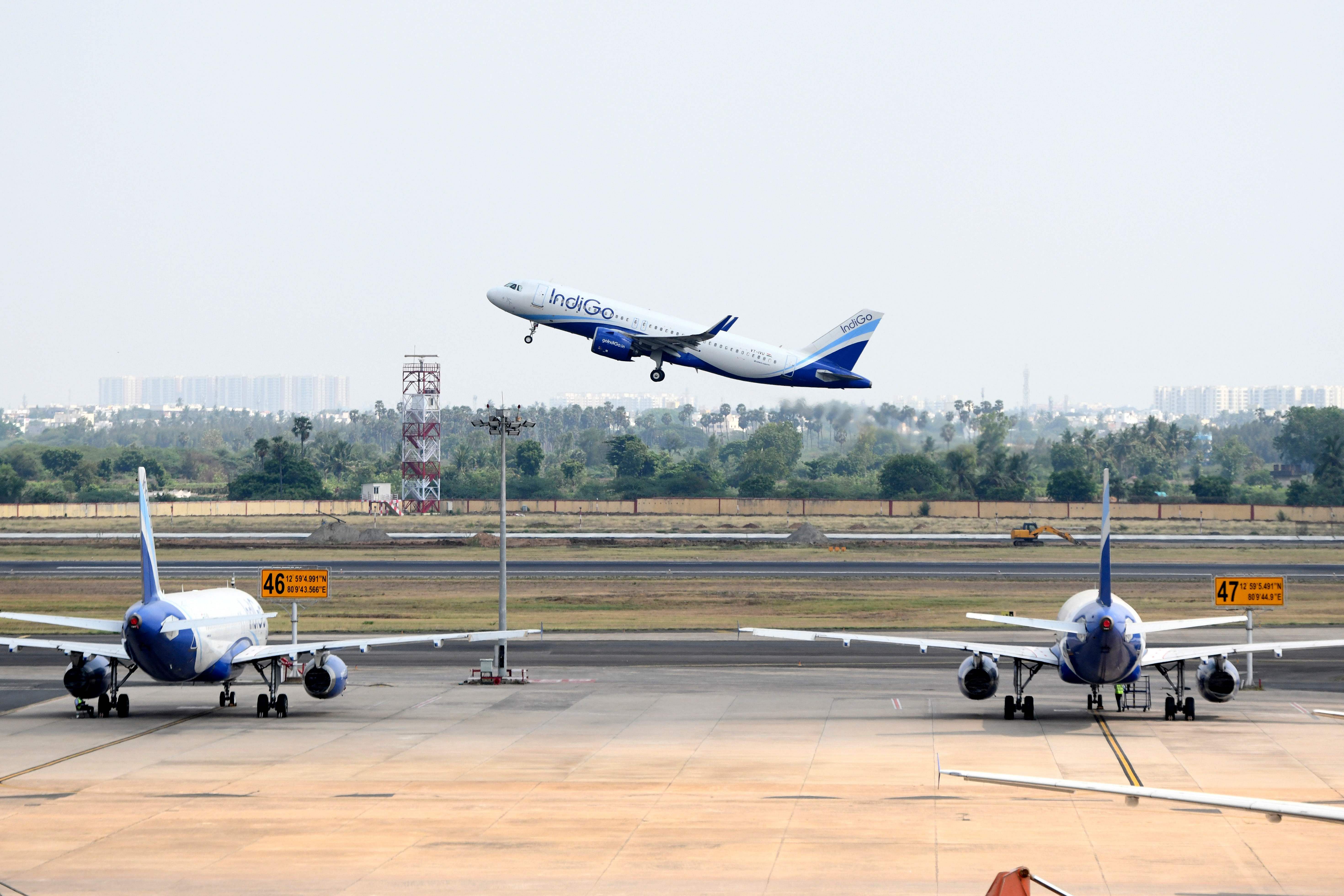 An Indigo flight directed to Varanasi takes off at the Kamaraj domestic airport during the first day of resuming of domestic flights. Credits: AFP Photo