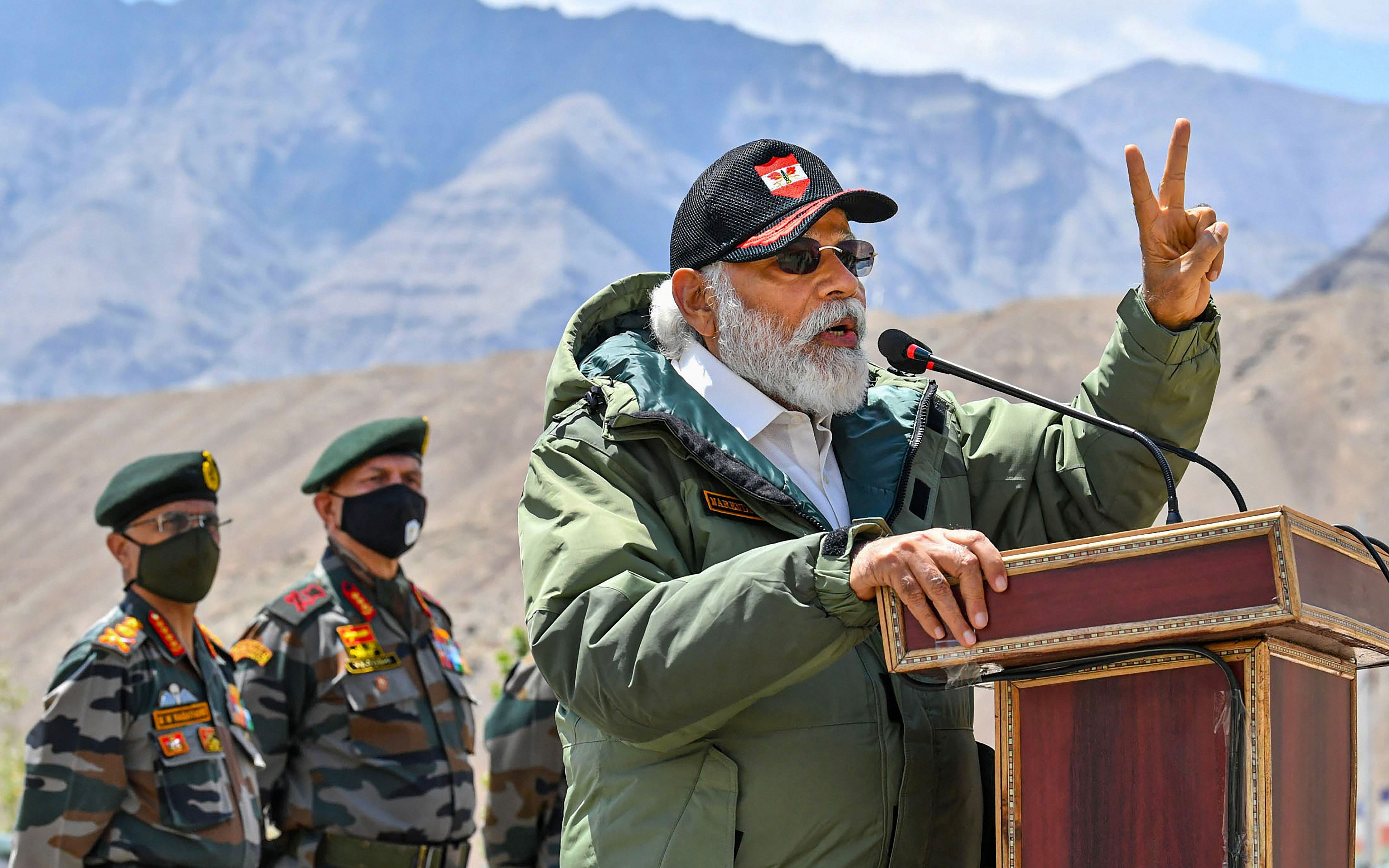PM Modi's Leh visit served two purposes: being seen as a morale-booster for the forces, and reinforcing the party's stand of "not allowing China to capture even an inch of Indian territory". Credit: PTI Photo