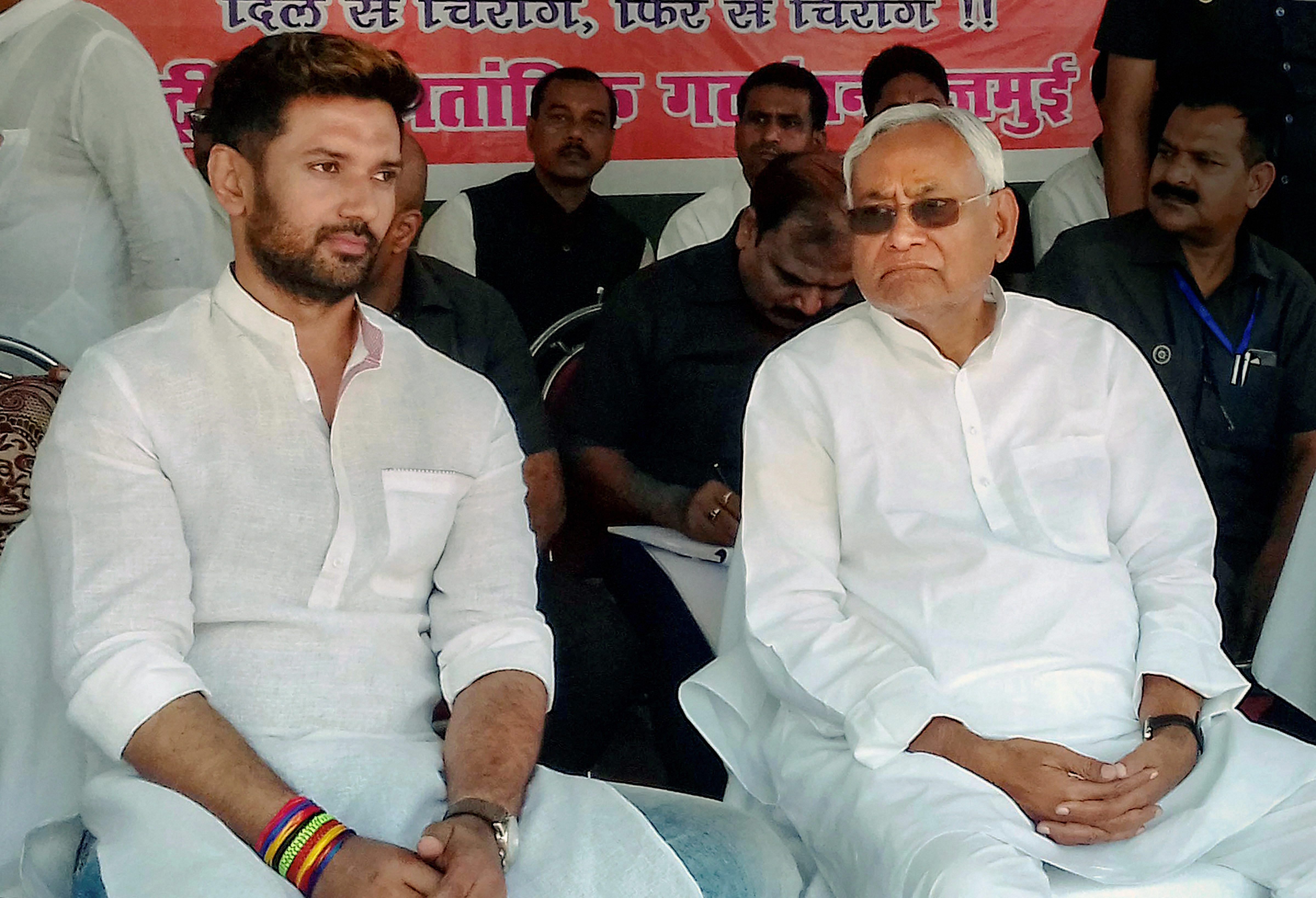Bihar Chief Minister and Janata Dal (United) President Nitish Kumar with Lok Janshakti Party chief Chirag Paswan. Credit: PTI File Photo