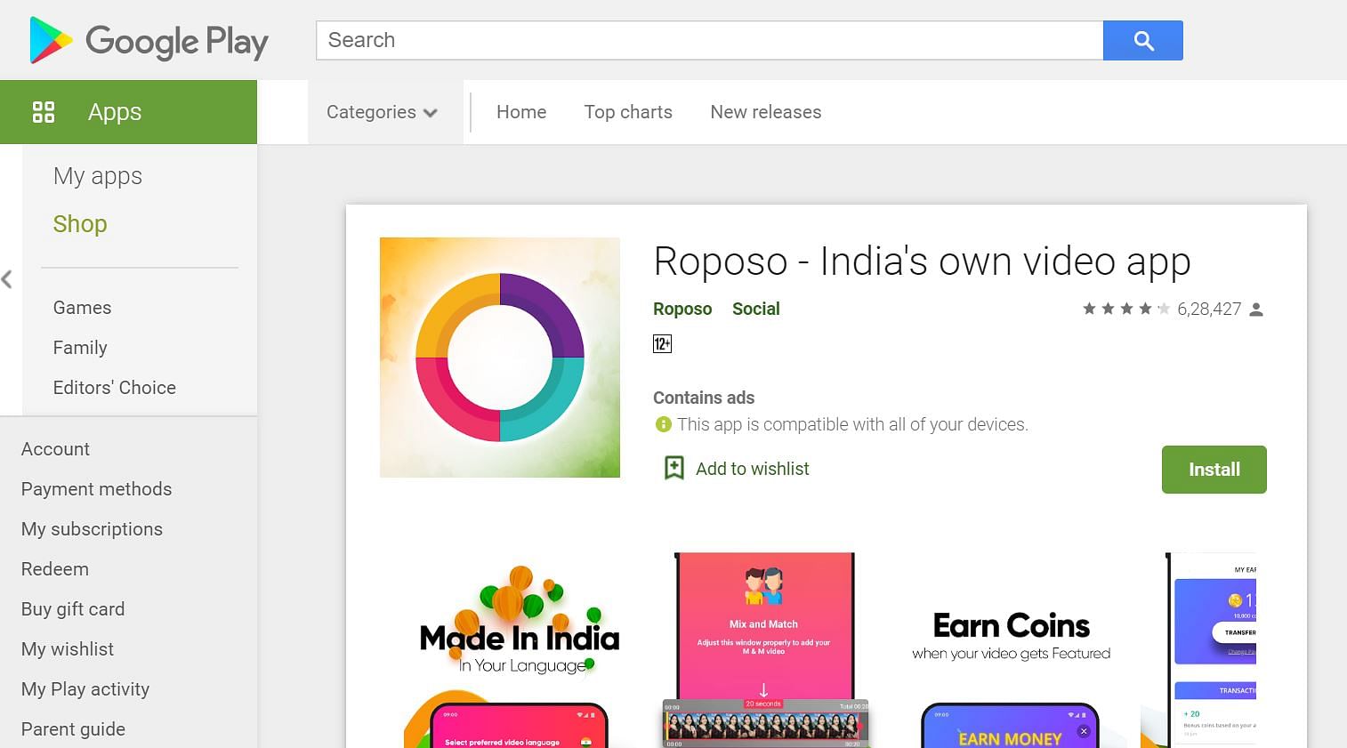Roposo app on Google Play store (screen-grab)