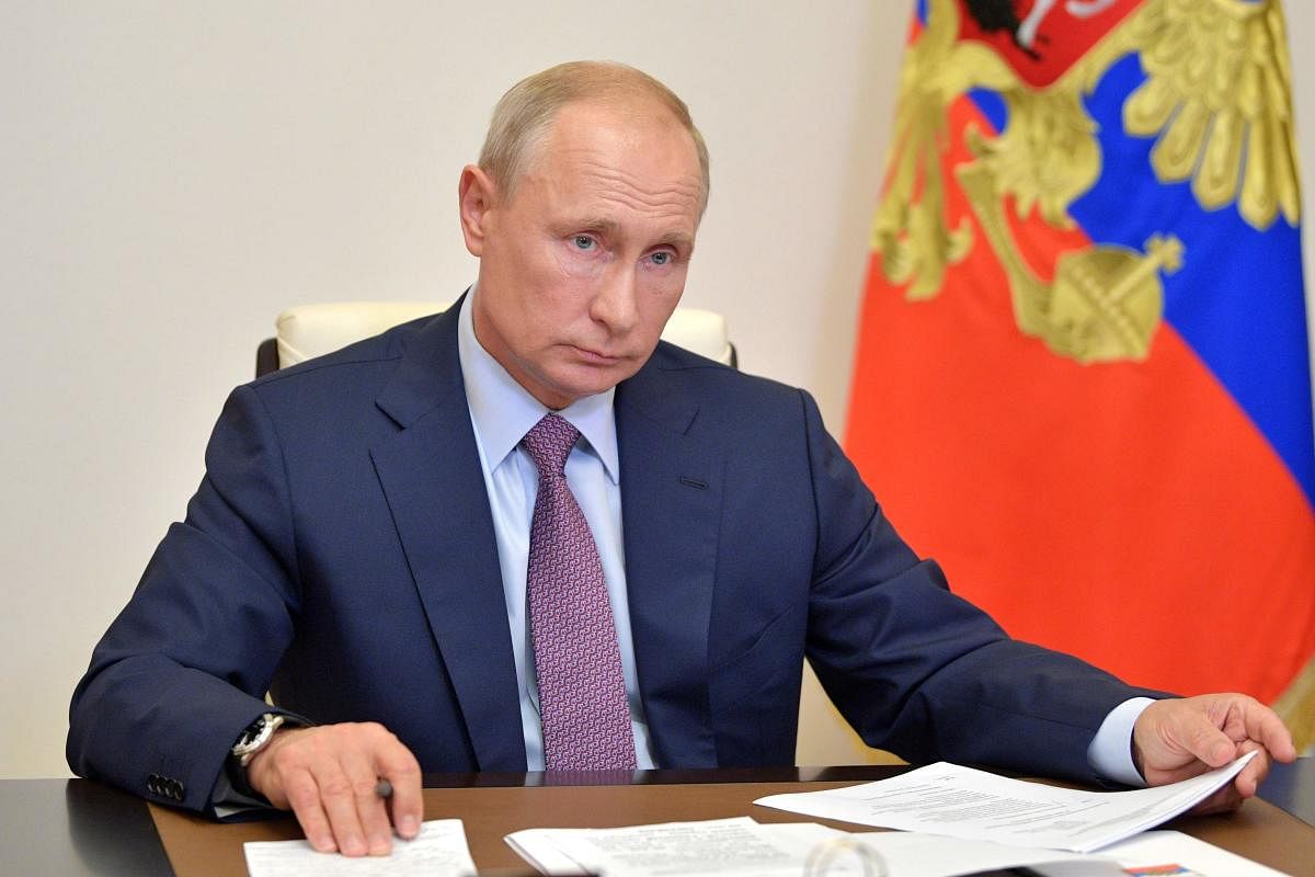 Russia President Vladimir Putin chairs a video meeting of the Pobeda (Victory) organising committee at the Novo-Ogaryovo state residence outside Moscow on July 2, 2020, as he thanked Russians today after a nationwide vote approved controversial constituti