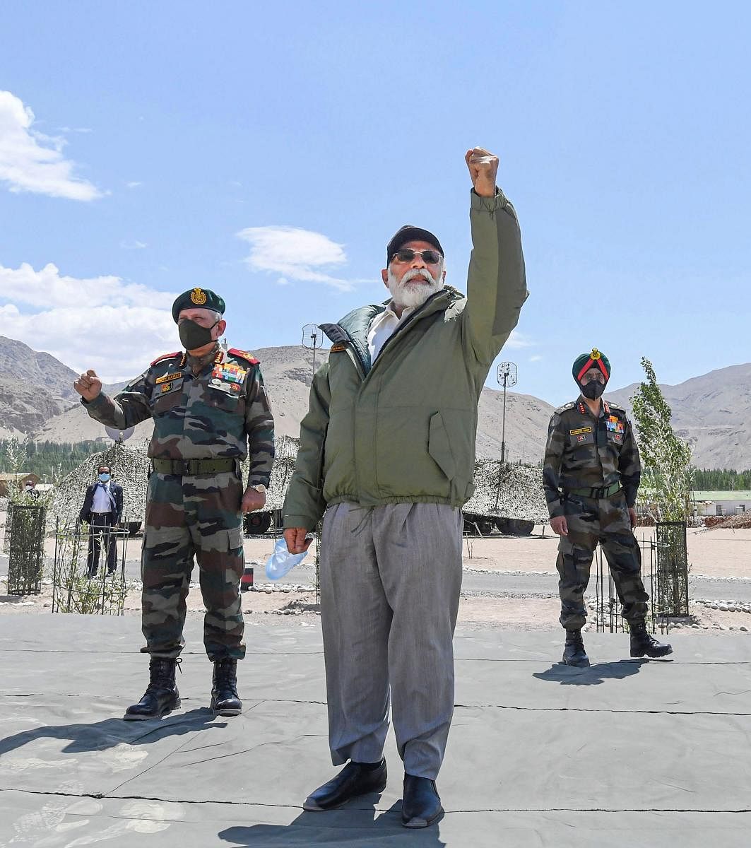 Prime Minister Narendra Modi interacts with the Indian troops during his visit to the forward post at Nimu in Ladakh, Friday, July 3, 2020. (PTI)
